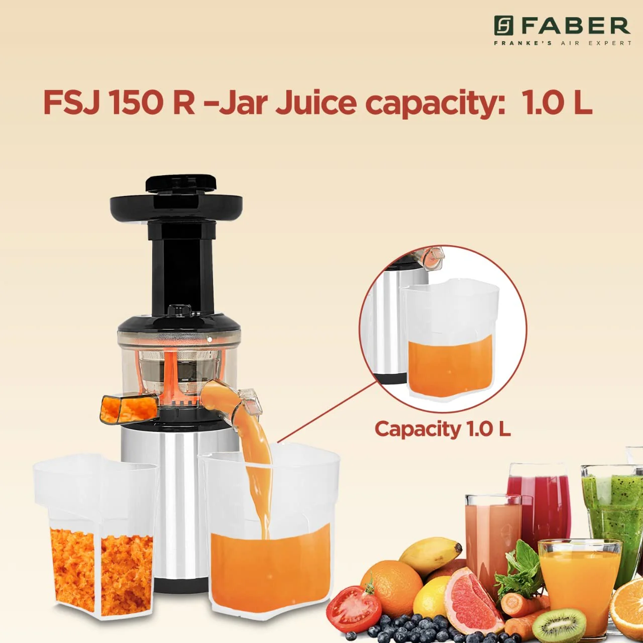 Faber Cold Press Slow Juicer FSJ 150 R, 150W, fruits, vegetables and leafy greens juicing, nut milk extraction, multiple juices at one touch - Image 4