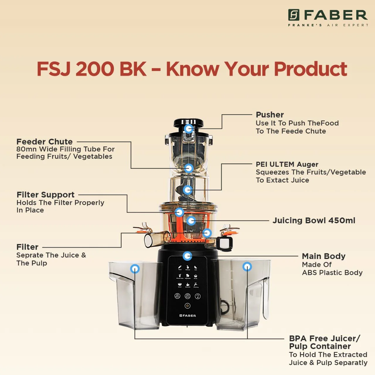 Faber Cold Press Slow Juicer+ Salad Maker, Fsj 200 Bk-M With Powerful 200 Watts Motor, Black - Image 3