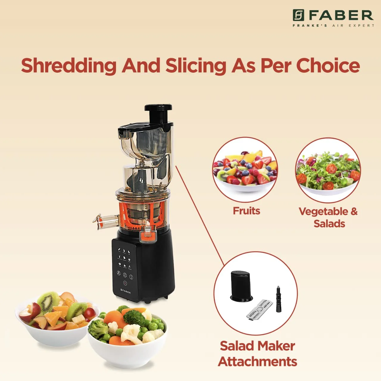 Faber Cold Press Slow Juicer+ Salad Maker, Fsj 200 Bk-M With Powerful 200 Watts Motor, Black - Image 6