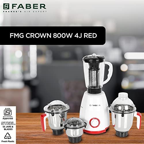 Faber Crown 800W Blender Mixer Grinder, 3 SS clip lock jars + 1 PC jar || low-noise copper motor, up to 20000 rpm speed || 2 yr comprehensive &amp; 5 yr motor warranty (FMG CROWN 800 W 4J Mystic Red) Red - Image 2