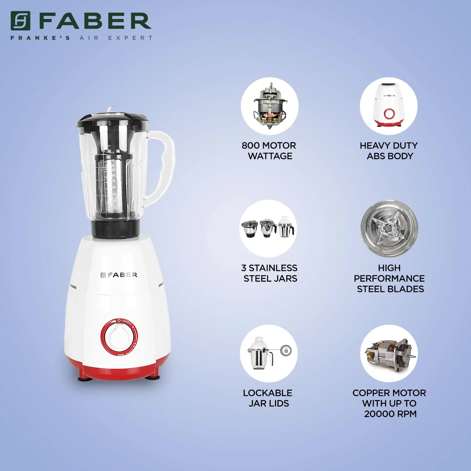 Faber Crown 800W Blender Mixer Grinder, 3 SS clip lock jars + 1 PC jar || low-noise copper motor, up to 20000 rpm speed || 2 yr comprehensive &amp; 5 yr motor warranty (FMG CROWN 800 W 4J Mystic Red) Red - Image 4