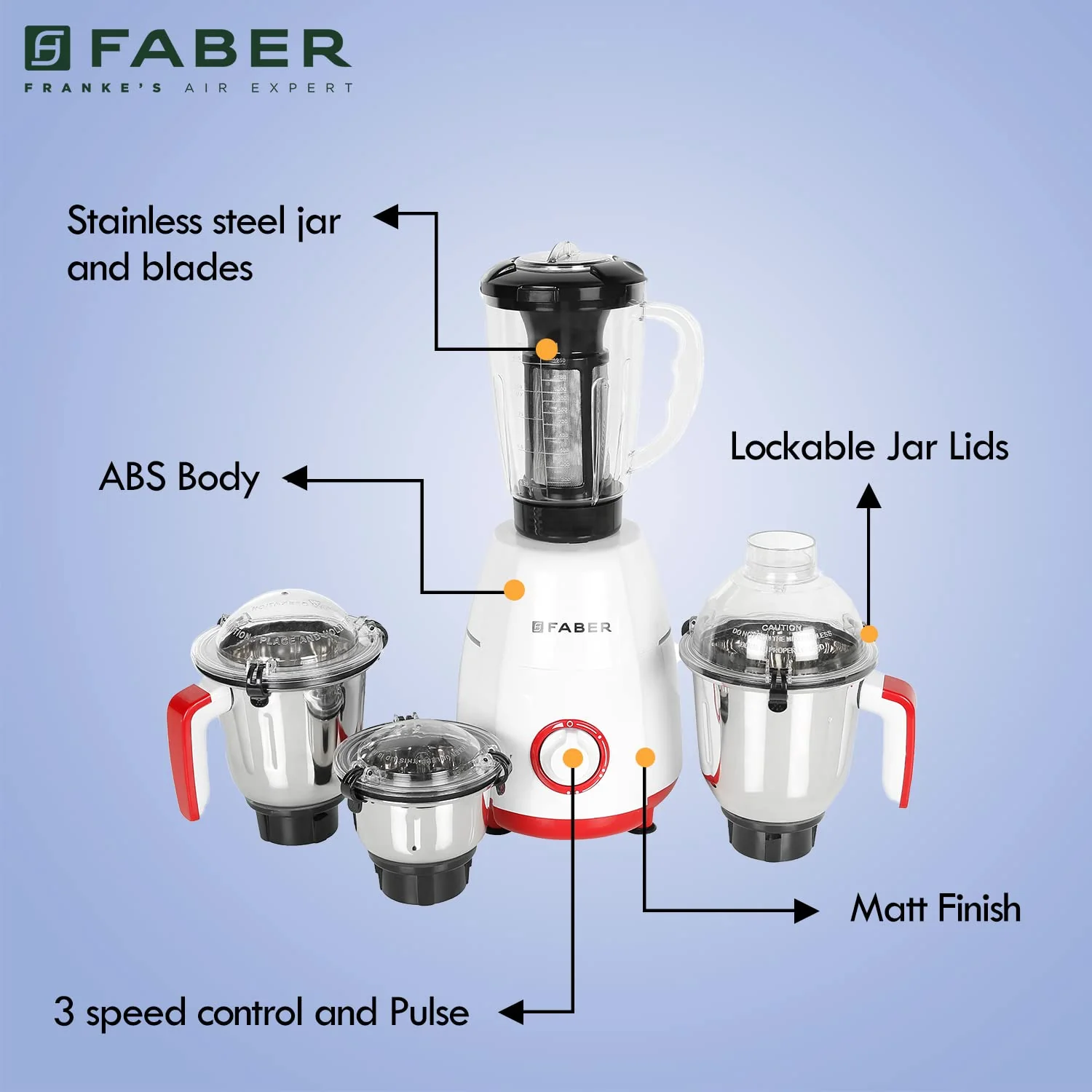 Faber Crown 800W Blender Mixer Grinder, 3 SS clip lock jars + 1 PC jar || low-noise copper motor, up to 20000 rpm speed || 2 yr comprehensive &amp; 5 yr motor warranty (FMG CROWN 800 W 4J Mystic Red) Red - Image 6