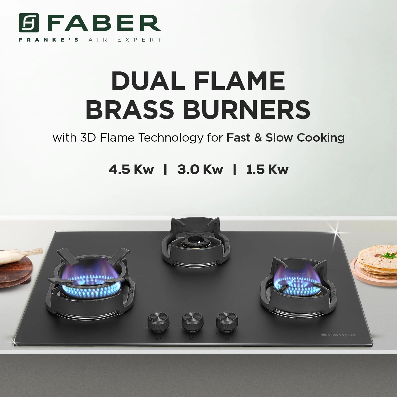 Faber Della 3 Burner 72Cm Hob |Auto Ignition|Brass Burner| Cast Iron Pan Support |Hob/Cooktop Hybrid| Matt Black Glass Finish |5 Yrs Warranty On Glass & Valve | 5 Yrs On Burner|Hob Della HD723 CI AI - Image 4