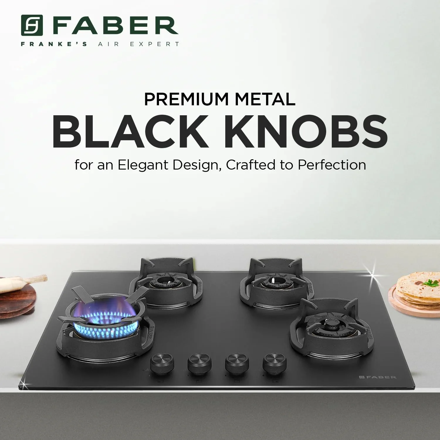 Faber Della 4 Burner 72cm Hob |Auto-Ignition|Brass Burner| Cast Iron Pan Support |Hob/Cooktop Hybrid| Matt Black Glass Finish |5 Yrs Warranty on Glass & Valve | 5 Yrs on Burner|Hob Della HD724 CI AI - Image 3