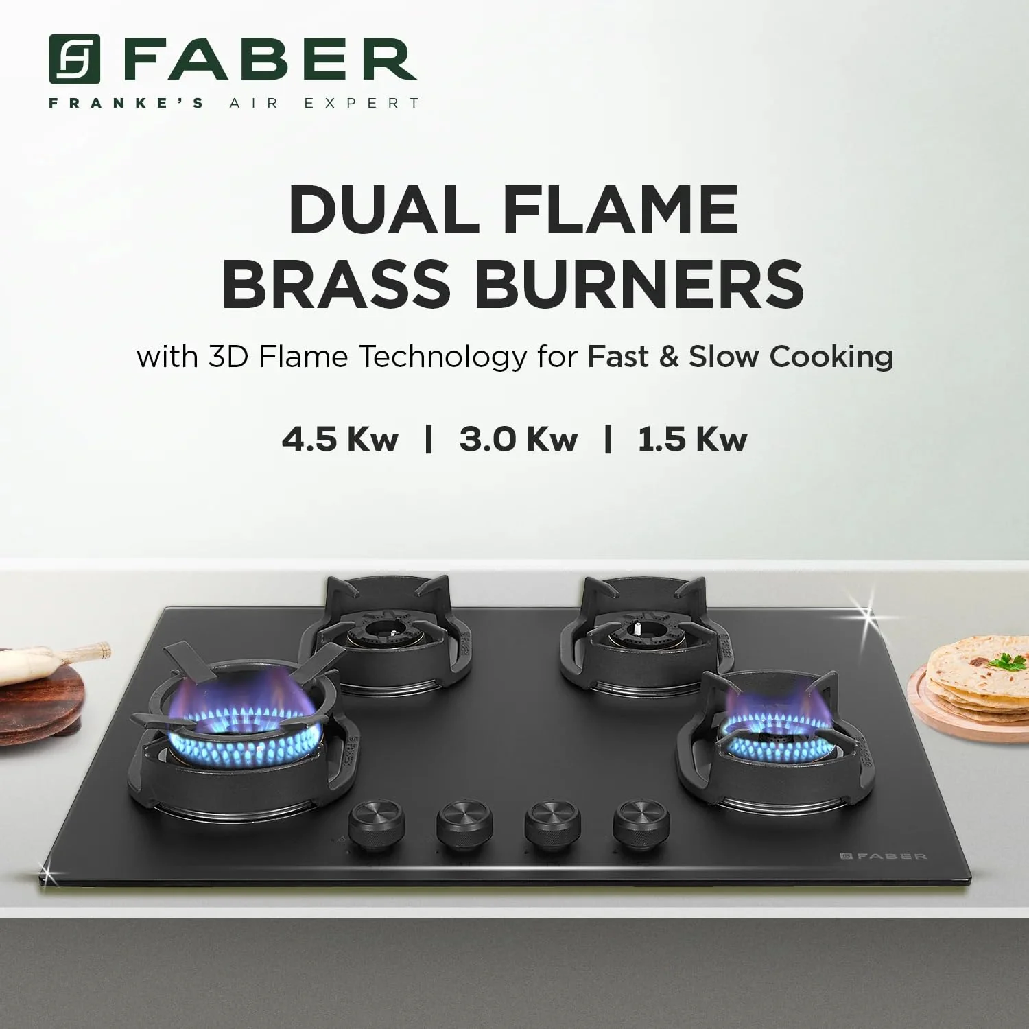 Faber Della 4 Burner 72cm Hob |Auto-Ignition|Brass Burner| Cast Iron Pan Support |Hob/Cooktop Hybrid| Matt Black Glass Finish |5 Yrs Warranty on Glass & Valve | 5 Yrs on Burner|Hob Della HD724 CI AI - Image 4