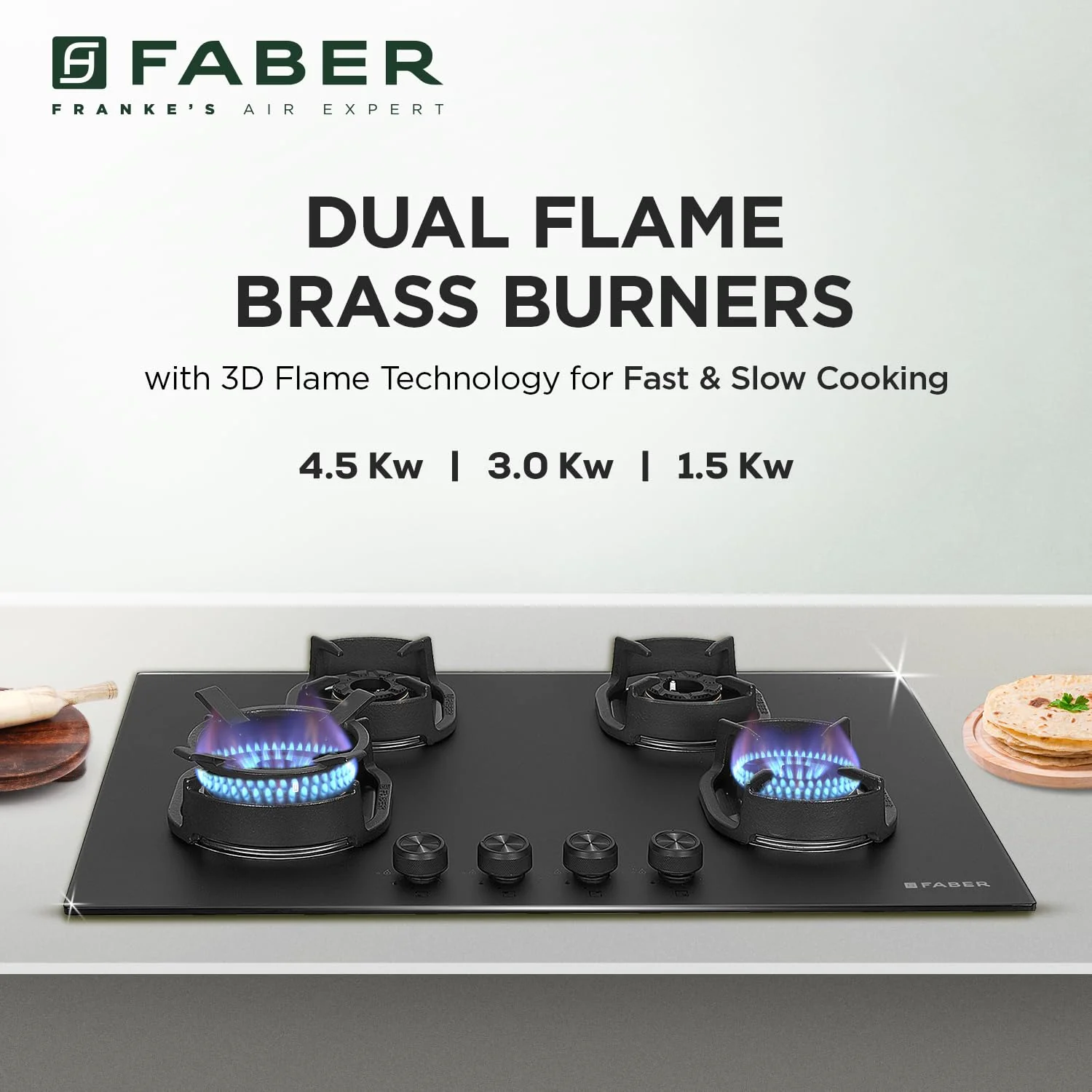 Faber Della HD784 CI AI 4 Burner Hob | 78CM Auto Ignition Brass Burner Hob - Image 6