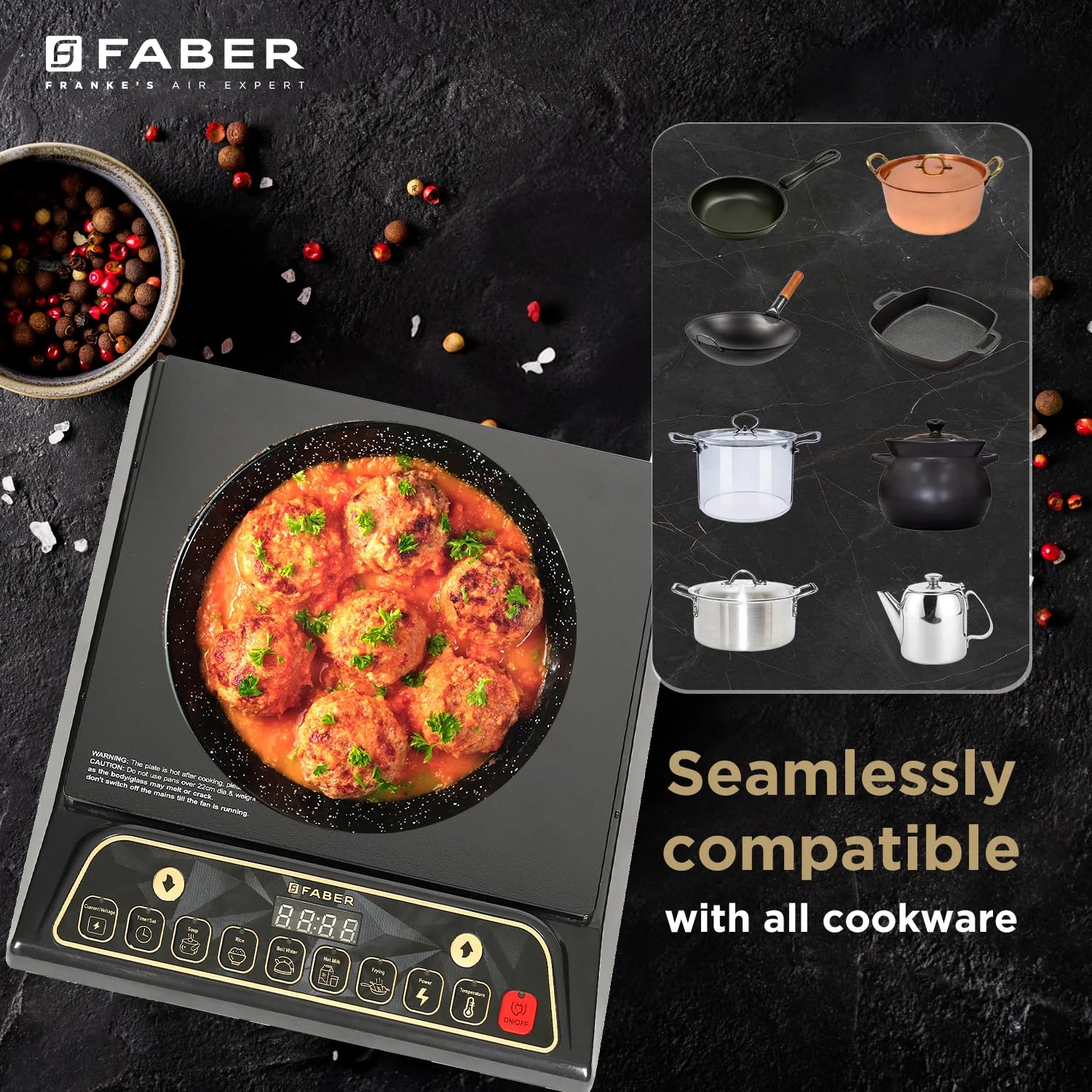 Faber Zion 1600W Induction Stove | 5 Auto-Cook Functions, Auto Pan Detection, Preset Timer, Overheat Protection | Shock-Proof Body, Black Crystal Glass, Soft-Touch Control, LED Display - Image 4