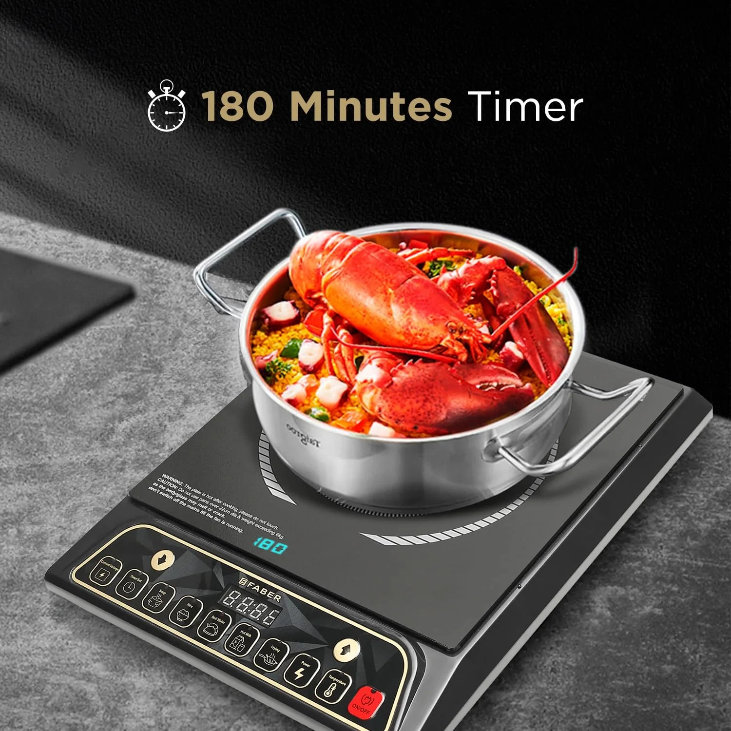 Faber Zion 1600W Induction Stove | 5 Auto-Cook Functions, Auto Pan Detection, Preset Timer, Overheat Protection | Shock-Proof Body, Black Crystal Glass, Soft-Touch Control, LED Display - Image 6