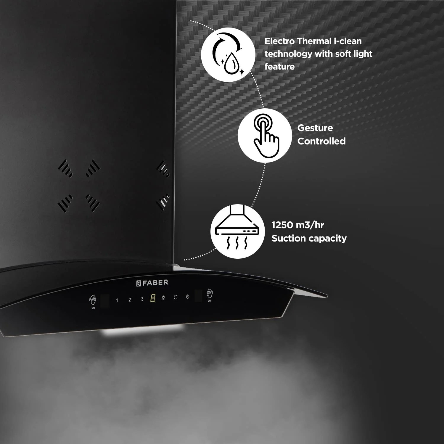Faber60cm 6 way Silent Suction,1250m3/hr, Autoclean Chimney, 12Yr Warranty on Motor (HOOD EVEREST 3D IN HC SC FL LG 60||Filterless||Touch&amp;Gesture Control||Light Grey) - Image 5