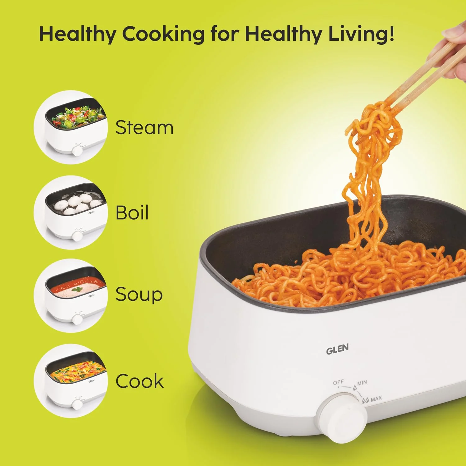 Glen 3 In 1 Multi Cooker &amp; Food Steamer, 600W, With Nonstick Pot, 2 Power Settings, Vegetable Steaming Tray, Cook Steam &amp; Boil, Multicooker Egg Boiler Machine (SA-3051MFS), 1.2 Liters - Image 2
