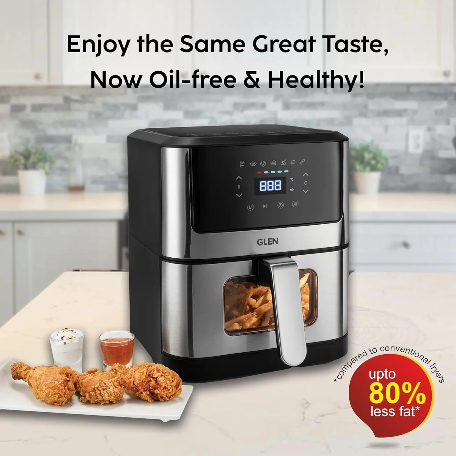 Glen Digital Air Fryer, 6 Litre, 1500W, Digital Controls with 7 Pre-Set Menus, Adjustable 60-Minute Timer, Temperature Control, Fry, Grill, Roast & Bake with Less Oil, Large - Black (SA-3043DSS) - Image 3