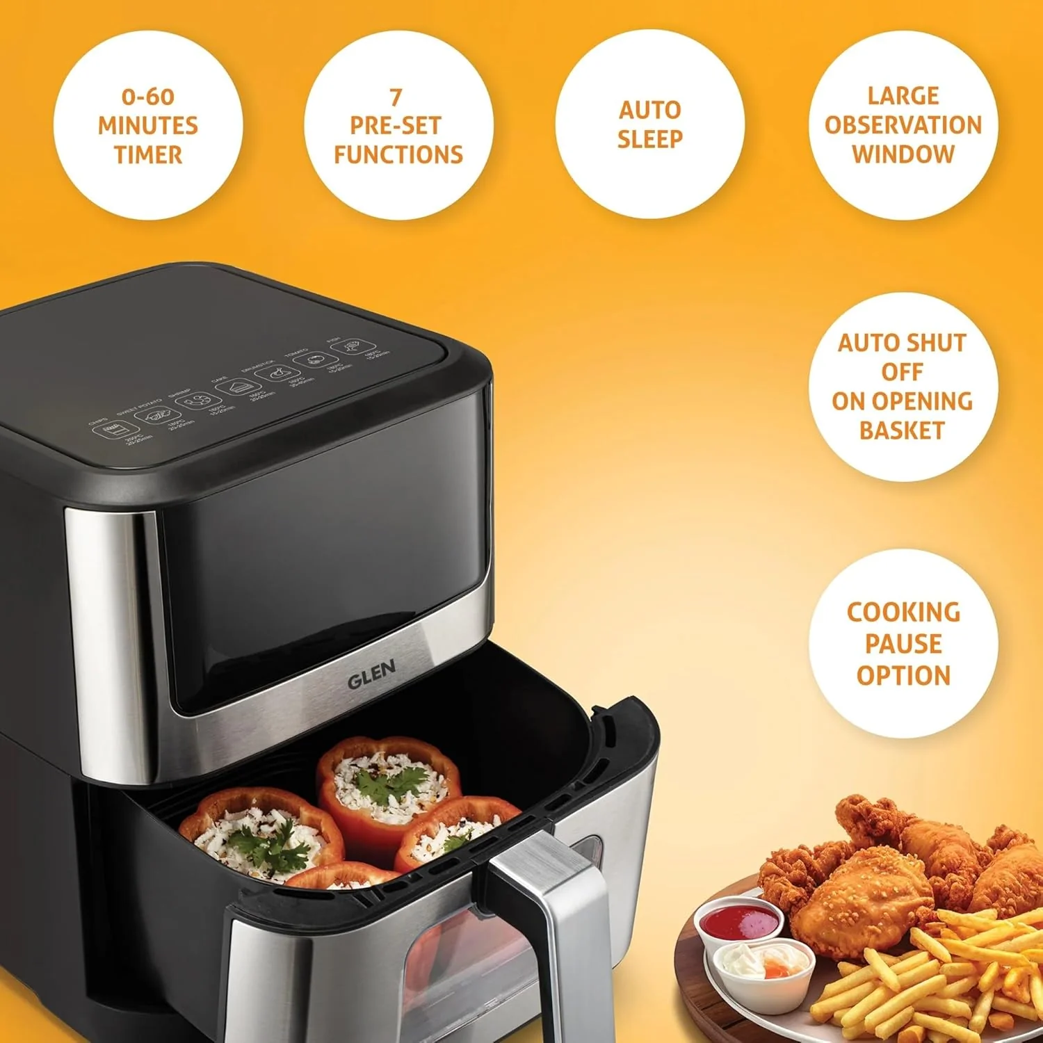 Glen Digital Air Fryer, 6 Litre, 1500W, Digital Controls with 7 Pre-Set Menus, Adjustable 60-Minute Timer, Temperature Control, Fry, Grill, Roast & Bake with Less Oil, Large - Black (SA-3043DSS) - Image 4