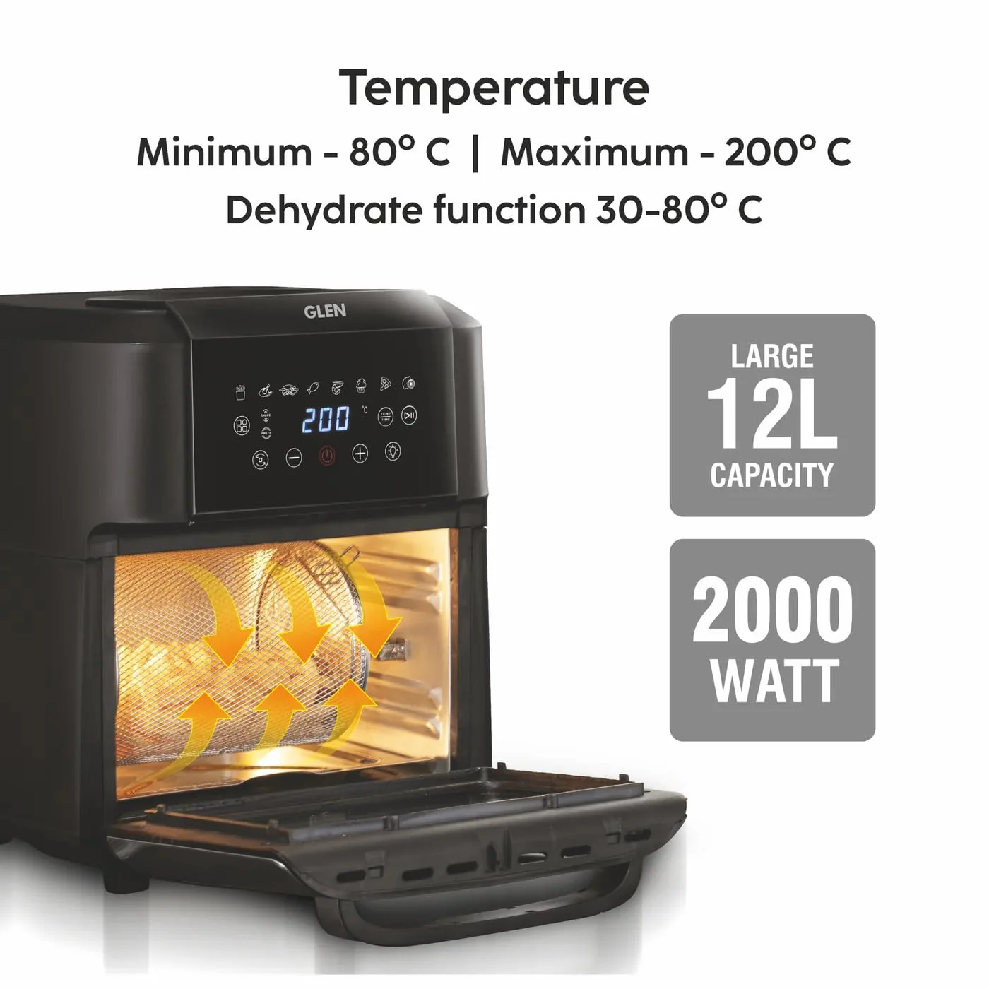 Glen Digital Air Fryer Oven for Home, 12 Litre, 2000W, 8 Preset Function, Rotisserie, Digital Display &amp; Controls, Airfryer to Dehydrate, Bake, Roast, Toast with Less Oil, 8 Accessories (SA-3040DSS) - Image 6