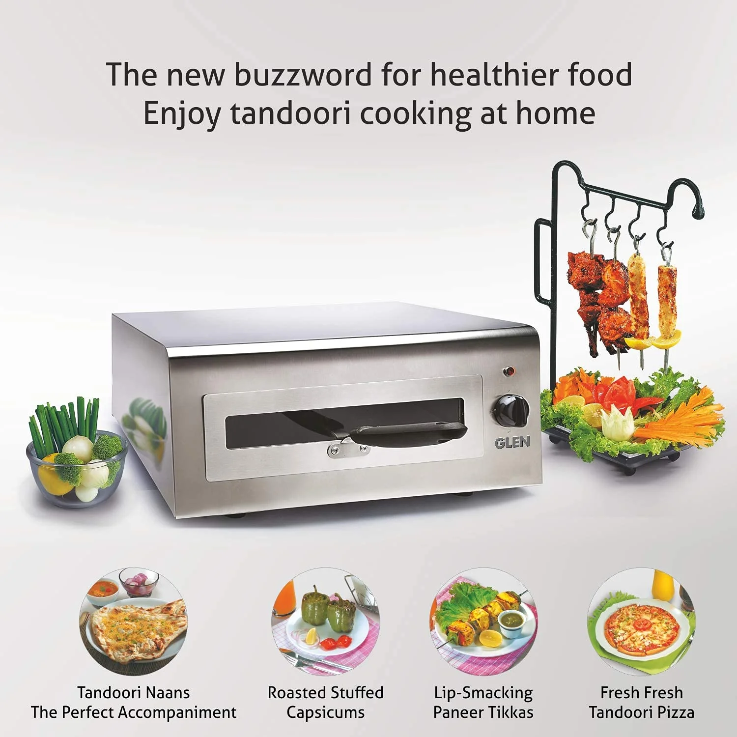 Glen Electric Tandoor &amp; Grill for Home Kitchen, 1100 Watt, 3 Heat Setting, Stainless Steel Body with See Through Window, Ideal for Barbecue, Roti, Prantha, Tikka, Naan, Pizza - SA5014 - Image 6