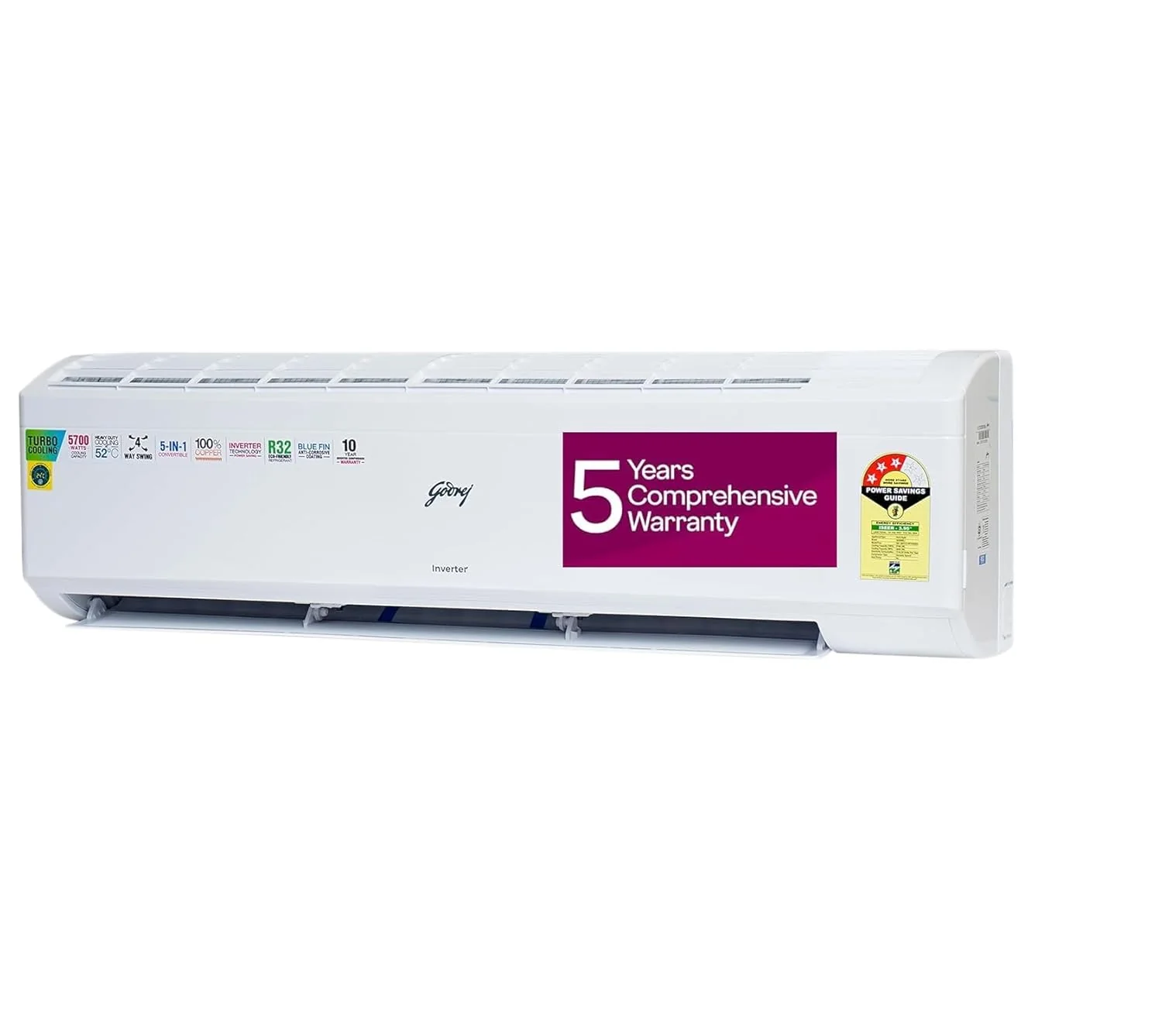 Godrej 1.7 Ton 3 Star, 5 Years Comprehensive Warranty, 5-In-1 Convertible Cooling, Inverter Split AC (Copper, Turbo Cooling at 52°C, 2024 Model, SIC 20ITC3-WYR, White) - Image 4