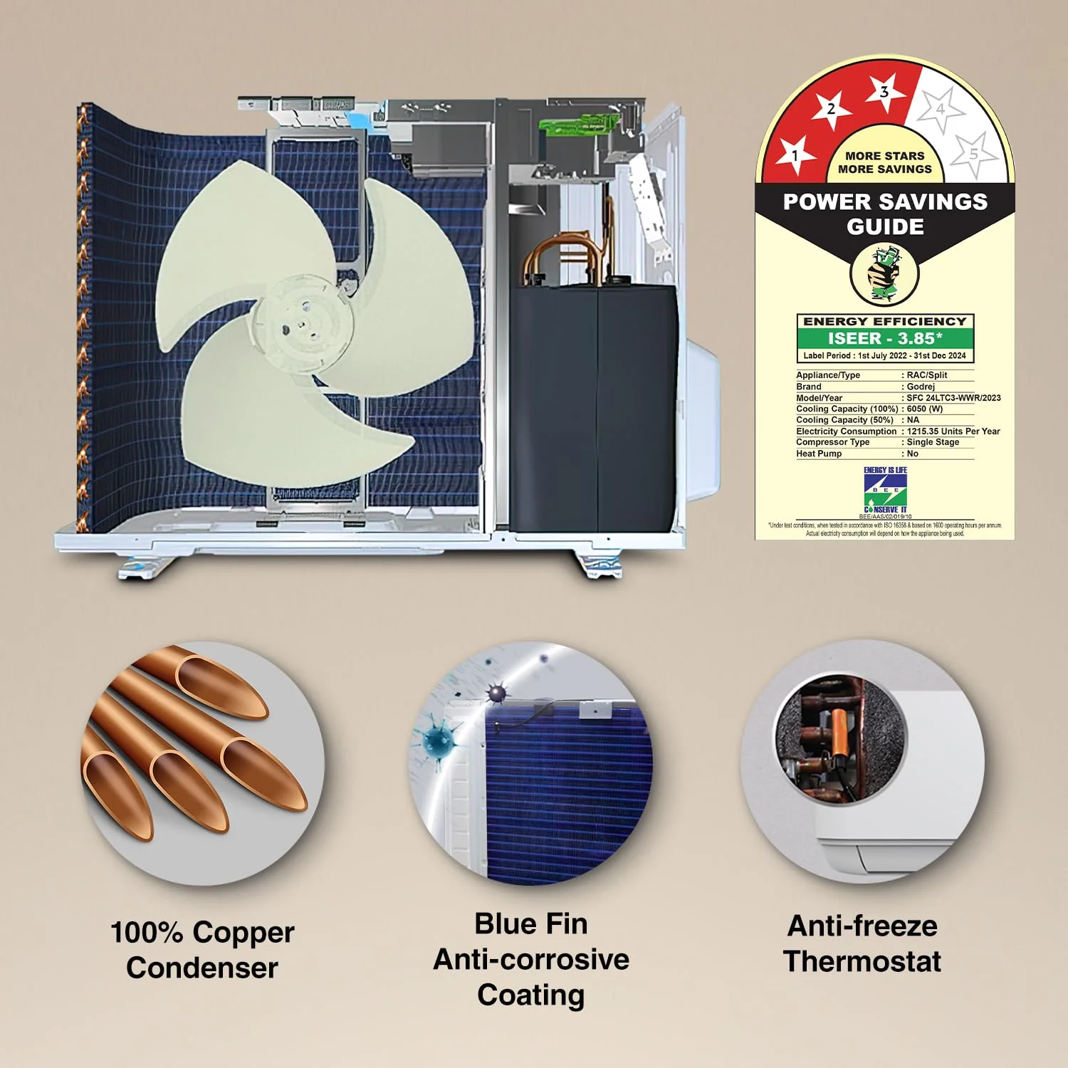 Godrej 2 Ton 3 Star, 4-Way Air Swing, Fixed Speed Split AC (Copper, Anti-Dust Filter, AC 2T SFC 24LTC3-WWR, White) - Image 3