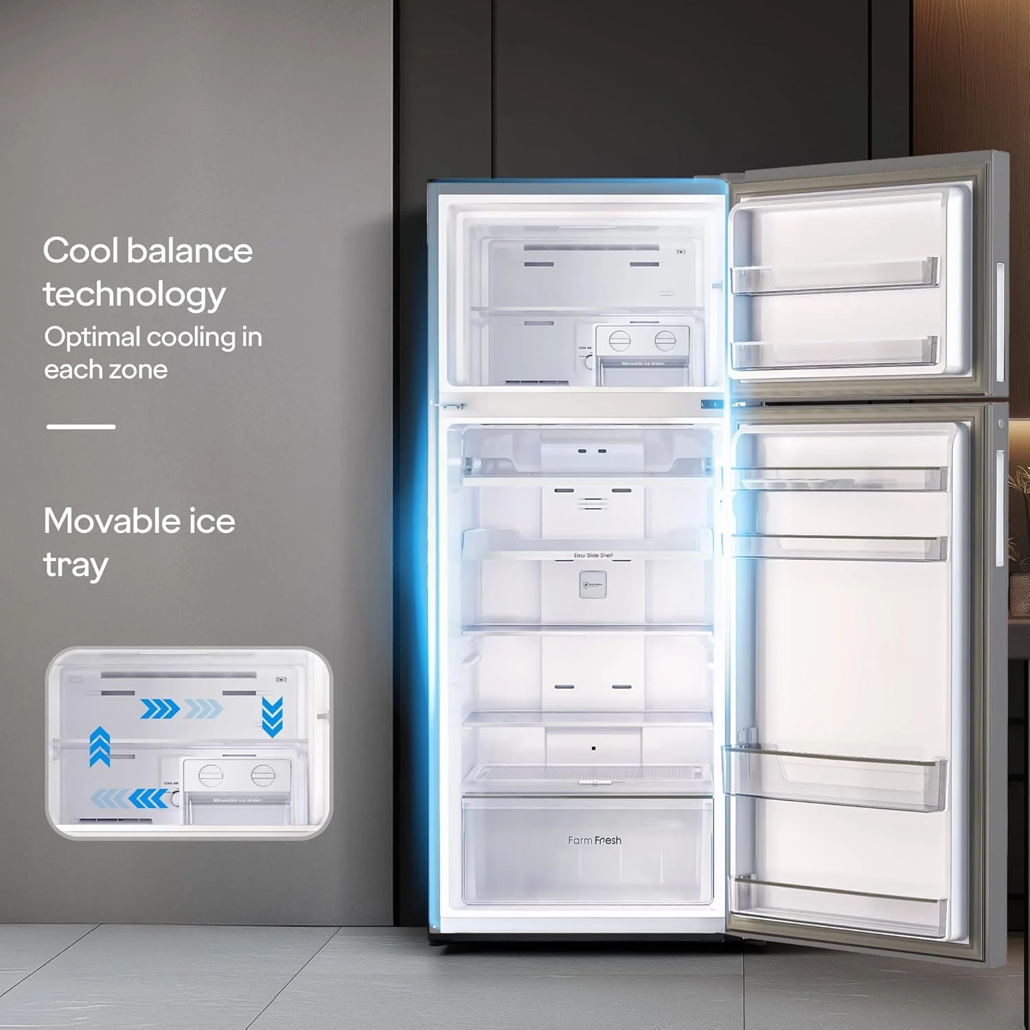 Godrej 436 L 2 Star With AI Tech, 1+2 Years Additional Warranty, 95%+ Food Surface Disinfection Inverter Frost Free Double Door Regalis Refrigerator (RF EON 438B RCI CH GD, Champagne Gold) - Image 6
