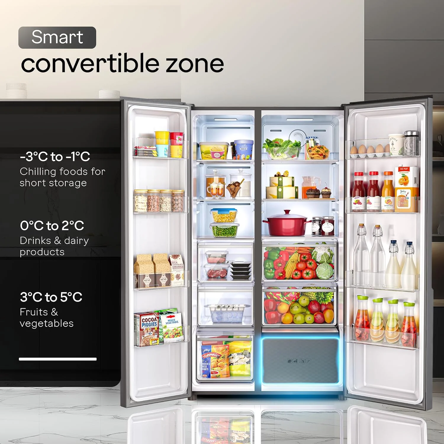 Godrej 600L 3Star | 1+2 Year Additional Warranty | Smart Convertible Zones | Toughened Glass Door | Frost Free Inverter Side By Side Refrigerator (2025 Model, RS EONVELVET 646C RIT SM BL, Storm Blue) - Image 3