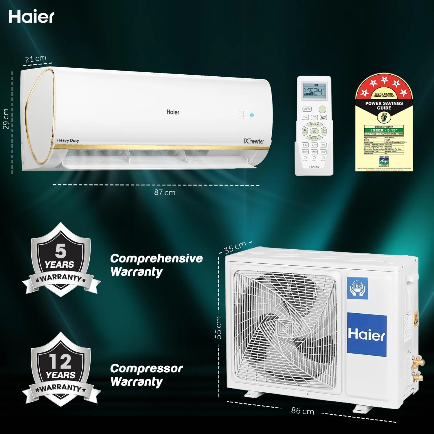 Haier 1 Ton 5 Star HEXA Inverter Split AC (3600W, Copper, Heavy Duty, 4-Way Swing, 7 in 1, Frost Self Clean, HD Filter, Cools at 60°C Temp, 20 Mtrs Air Throw - HSU14K-PYSG5BN-INV, White) - Image 2