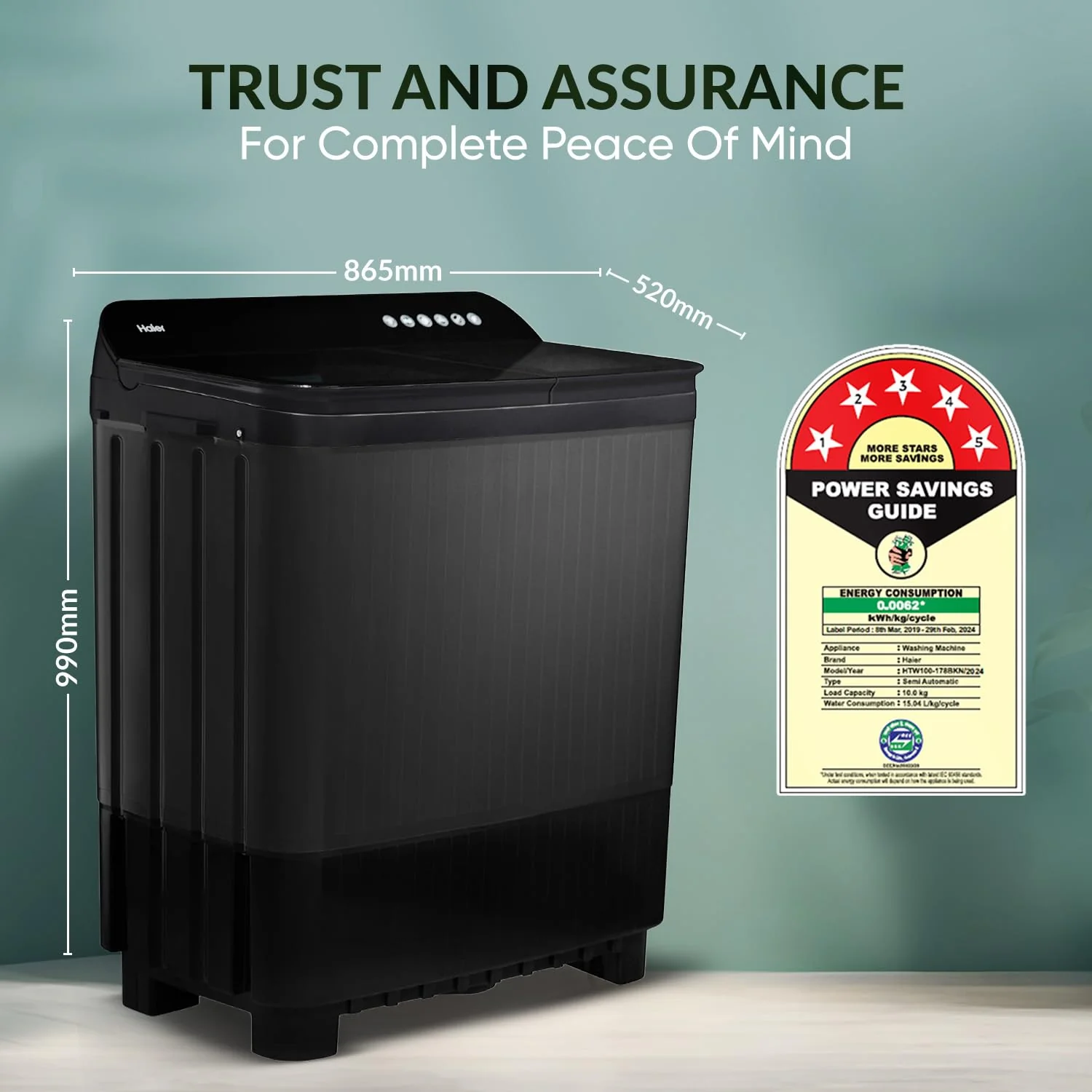 Haier 10 kg 5 Star Toughened Glass &amp; Vortex pulsator Semi Automatic Top Load (HTW100-178BKN1,Black) - Image 5