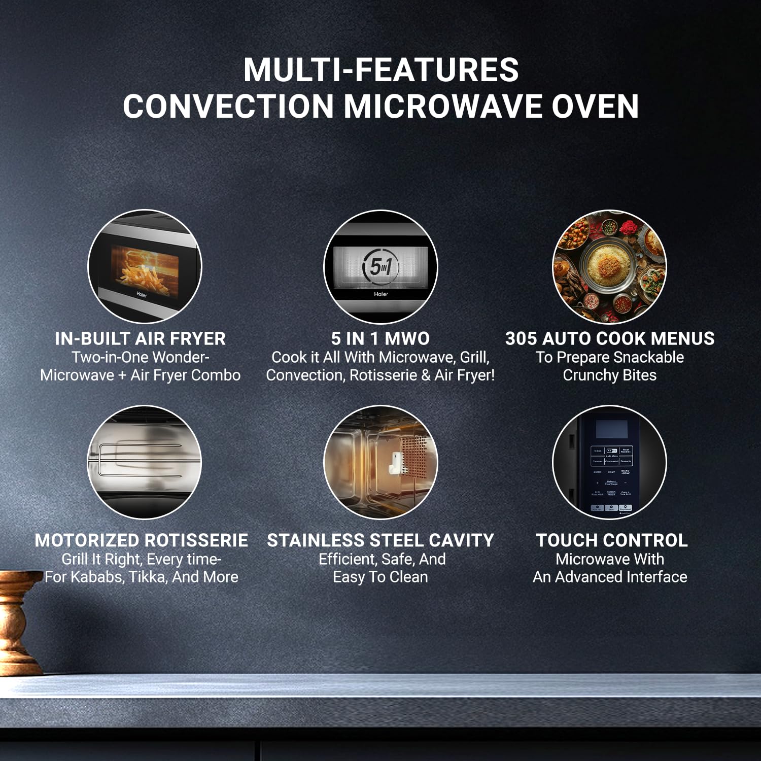 Haier 30L Convection Microwave Oven (HIL3001ARSB, Black) with In-Built Air Fryer | Motorized Rotisserie | Stainless-steel Cavity | 5 In 1 Microwave oven - Image 12