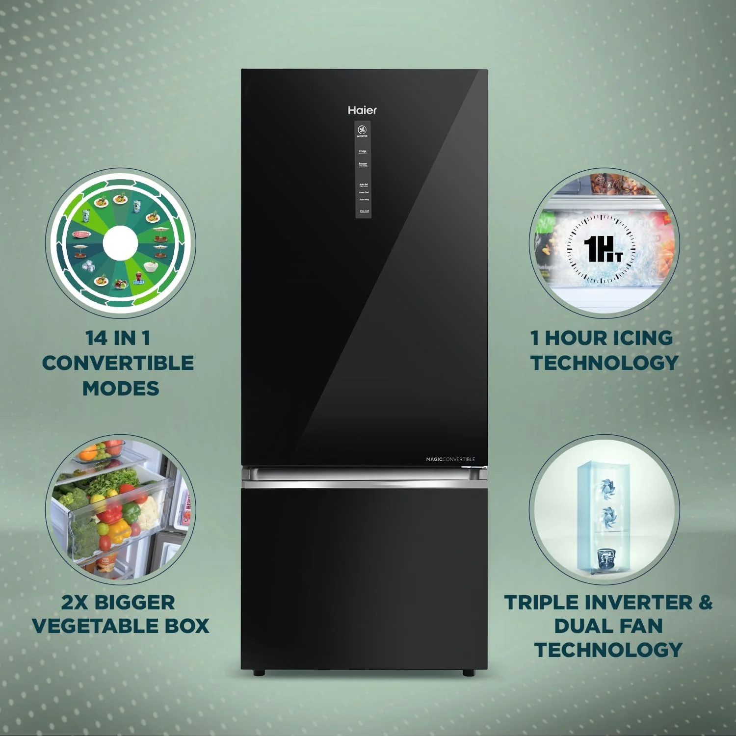 Haier 325 Litres 2 Star Convertible 14-in-1 Triple Inverter &amp; Fan Motor Technology, with Display Frost Free Double Door Refrigerator (HRB-3752PKG-P Black Glass, 2024 Model) - Image 3