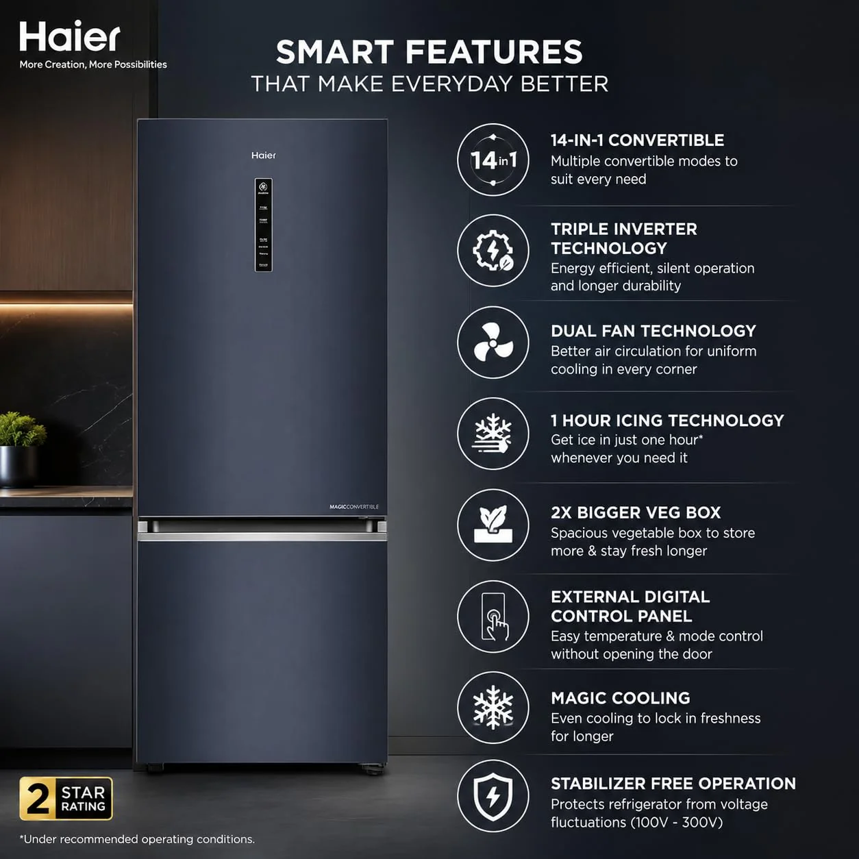 Haier 325L 2 Star Frost Free Bottom Mount Double Door Refrigerator | 14-in-1 Convertible | Triple Inverter & Dual Fan Technology | Magic Cooling | 1 Hour Icing | Graphite Black | HRB-3752BGKA-P - Image 6