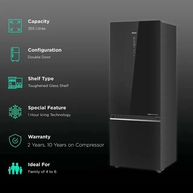 Haier 355 Litres 3 Star Frost Free Double Door Bottom Mount Convertible Refrigerator with Triple Inverter Technology (HRB-4053PKG-P, Black Glass) - Image 9