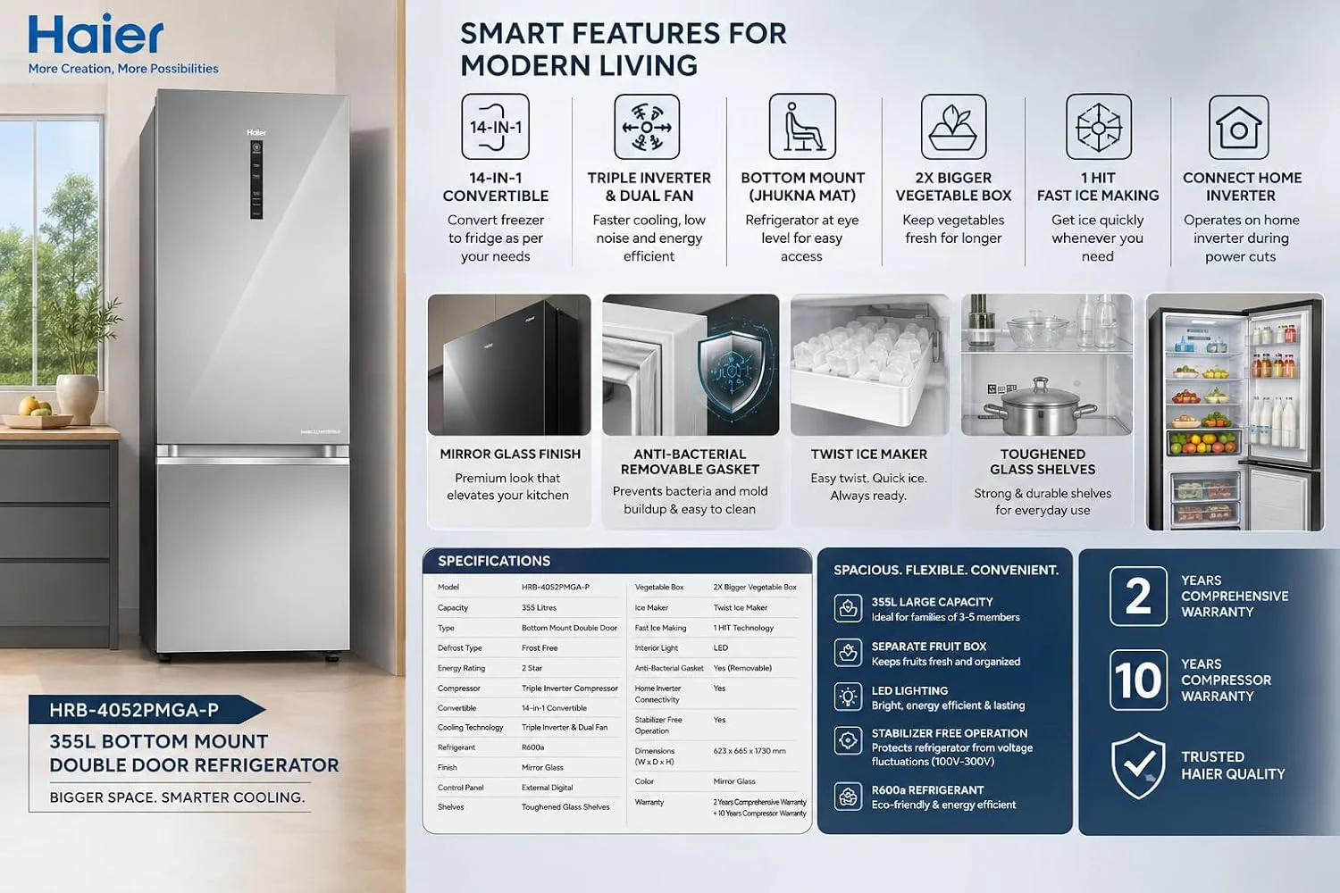 Haier 355L 2 Star Frost Free Bottom Mount Double Door Refrigerator | 14-in-1 Convertible | Triple Inverter & Dual Fan Technology | Mirror Glass Finish | HRB-4052PMGA-P - Image 5