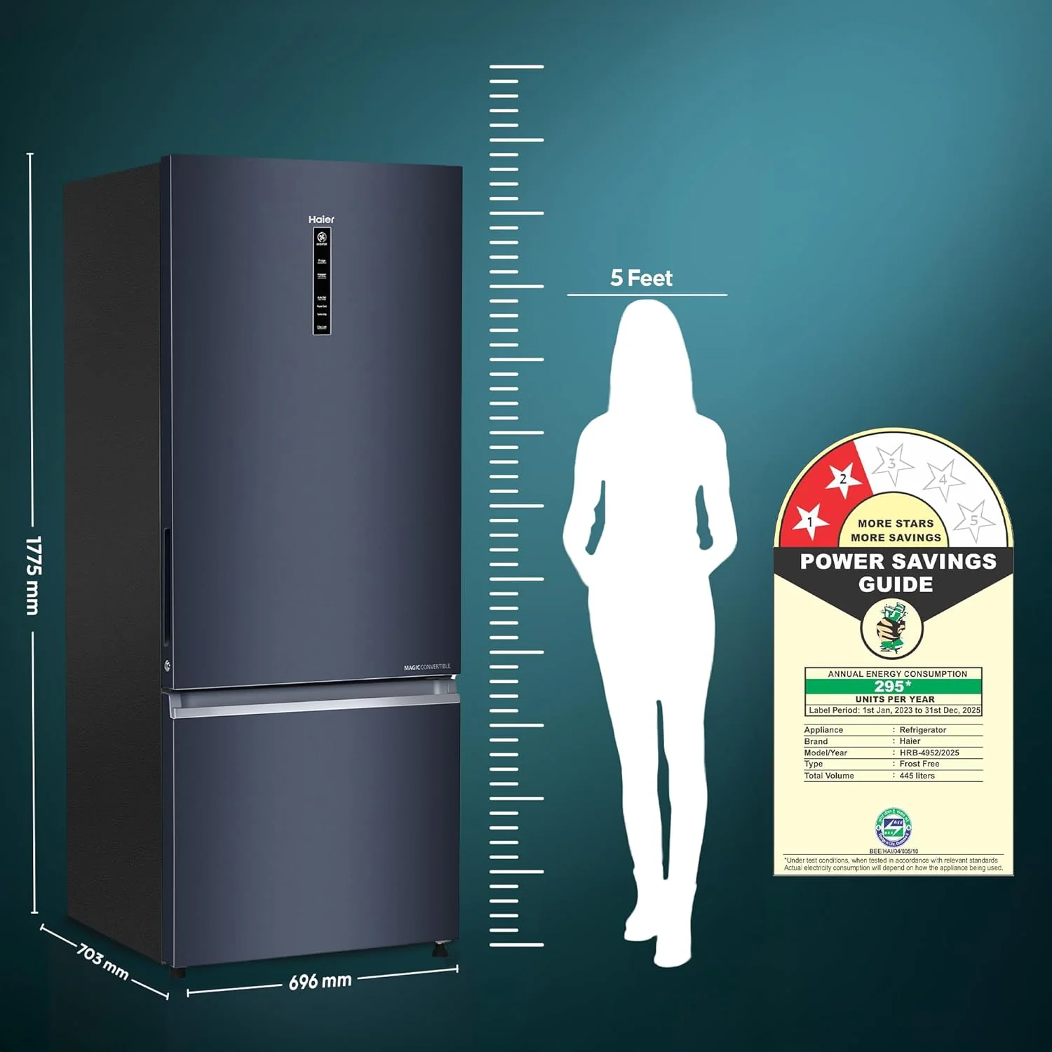 Haier 445 L 2 Star Frost Free Bottom Mount Double Door Refrigerator|Convertible 14-in-1|Jhukna Mat-Bottom Freezer|Digital Display Panel|Triple Inverter|Twist Ice Maker (HRB-4952BGK-P, Graphite Black) - Image 3