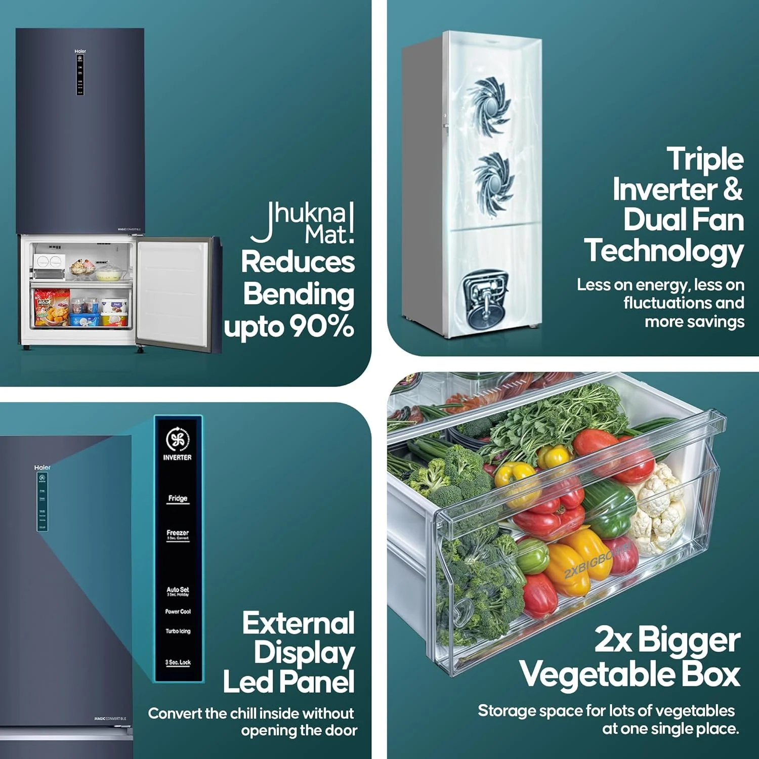Haier 445 L 2 Star Frost Free Bottom Mount Double Door Refrigerator|Convertible 14-in-1|Jhukna Mat-Bottom Freezer|Digital Display Panel|Triple Inverter|Twist Ice Maker (HRB-4952BGK-P, Graphite Black) - Image 6