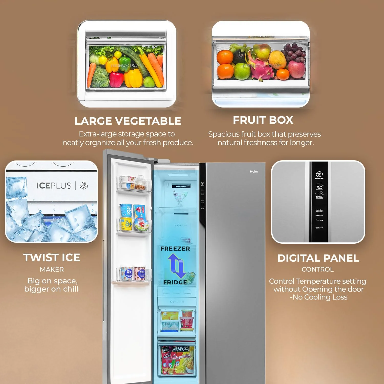 Haier 602L 3Star 2 Door Premium Glass Door Side by Side Frost Free Refrigerator|Convertible|Smart Sense AI|Expert Inverter|Digital Display Panel|Deo Fresh Technology (HRS-682PMGU1, Mirror Glass) - Image 10
