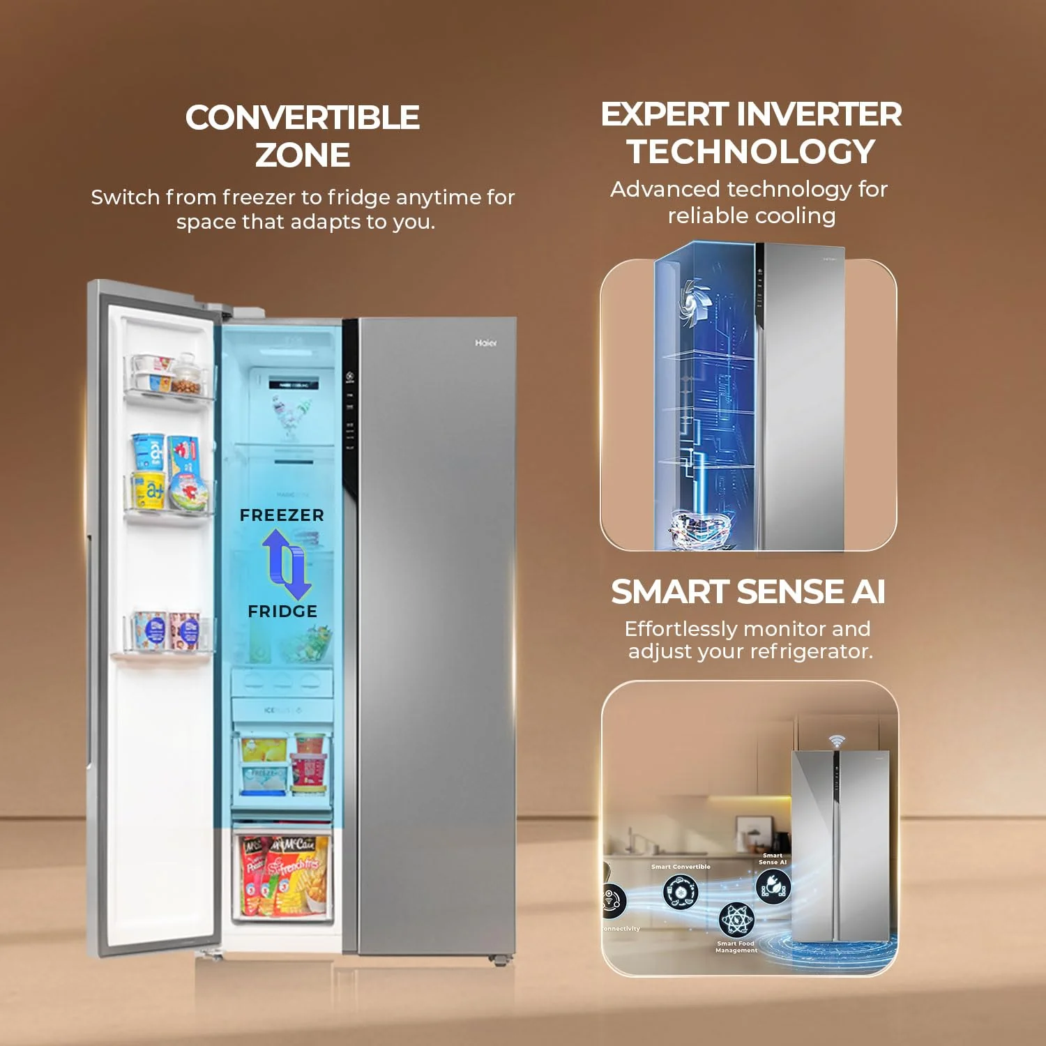 Haier 602L 3Star 2 Door Premium Glass Door Side by Side Frost Free Refrigerator|Convertible|Smart Sense AI|Expert Inverter|Digital Display Panel|Deo Fresh Technology (HRS-682PMGU1, Mirror Glass) - Image 11
