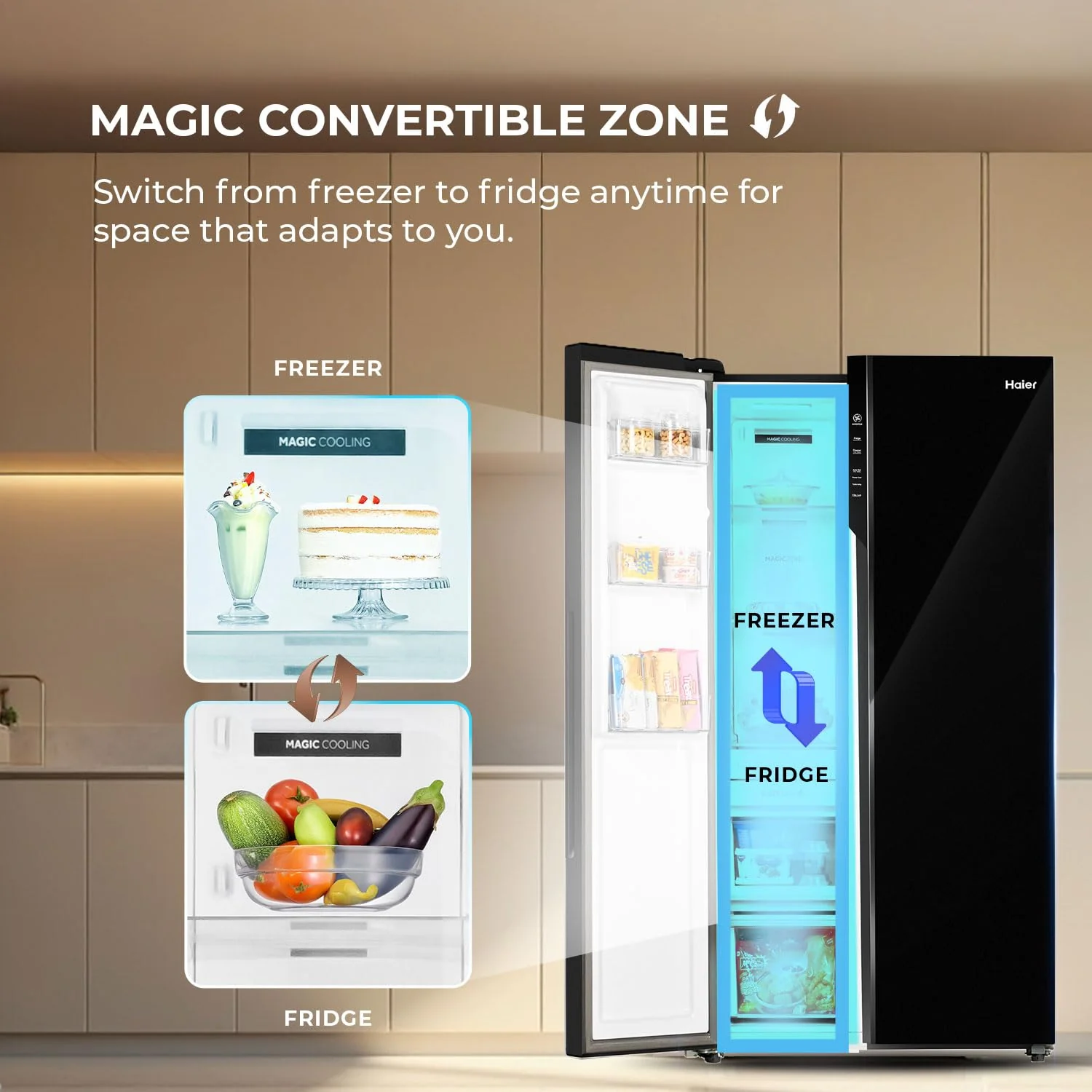 Haier 602L 3 Star 2 Door Premium Glass Side by Side Frost Free Refrigerator|100% Convertible|Wi-Fi|Expert Inverter Technology|Digital Display Panel|Triple Twist Ice Maker (HRS-682KGU1, Black Glass) - Image 3