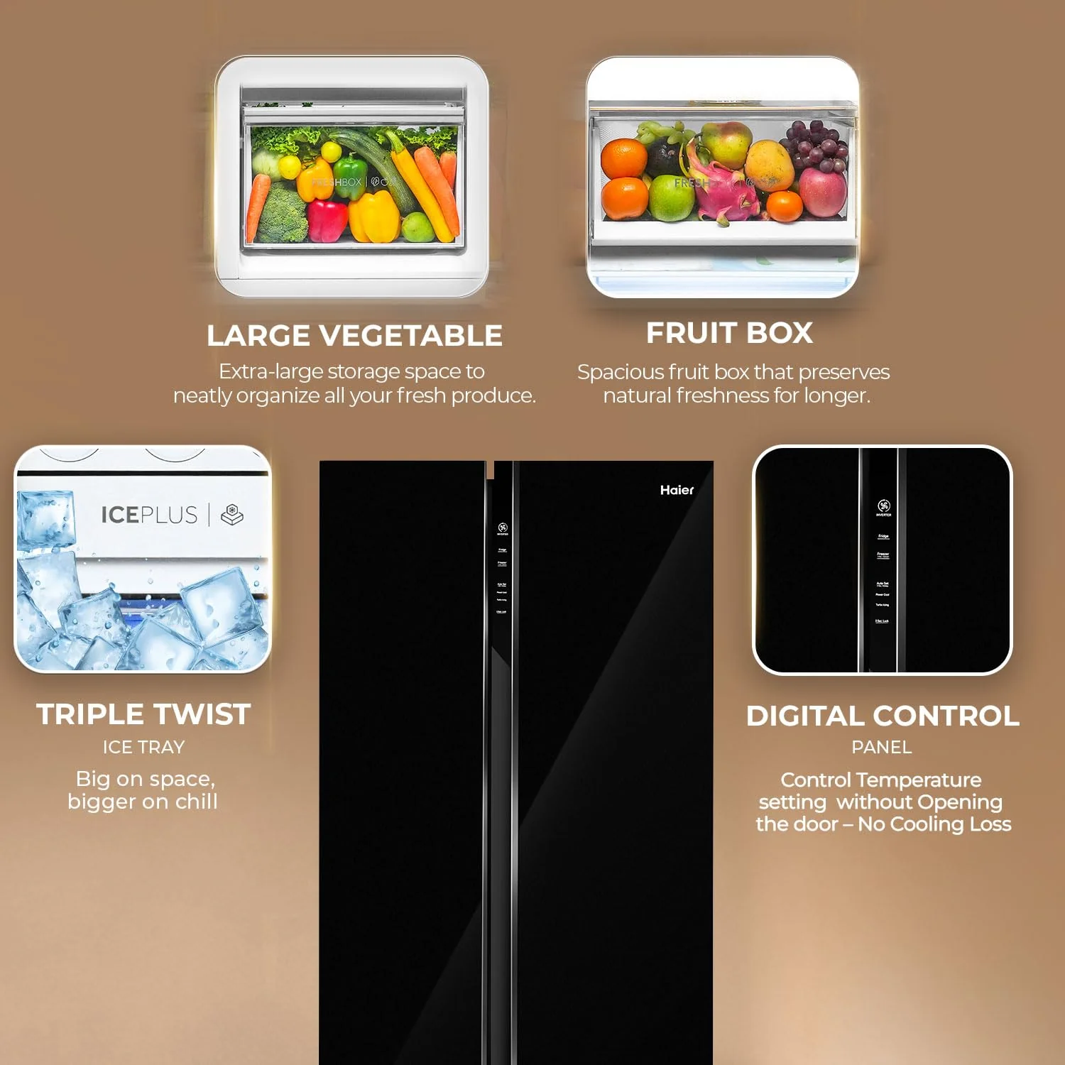 Haier 602L 3 Star 2 Door Premium Glass Side by Side Frost Free Refrigerator|100% Convertible|Wi-Fi|Expert Inverter Technology|Digital Display Panel|Triple Twist Ice Maker (HRS-682KGU1, Black Glass) - Image 9