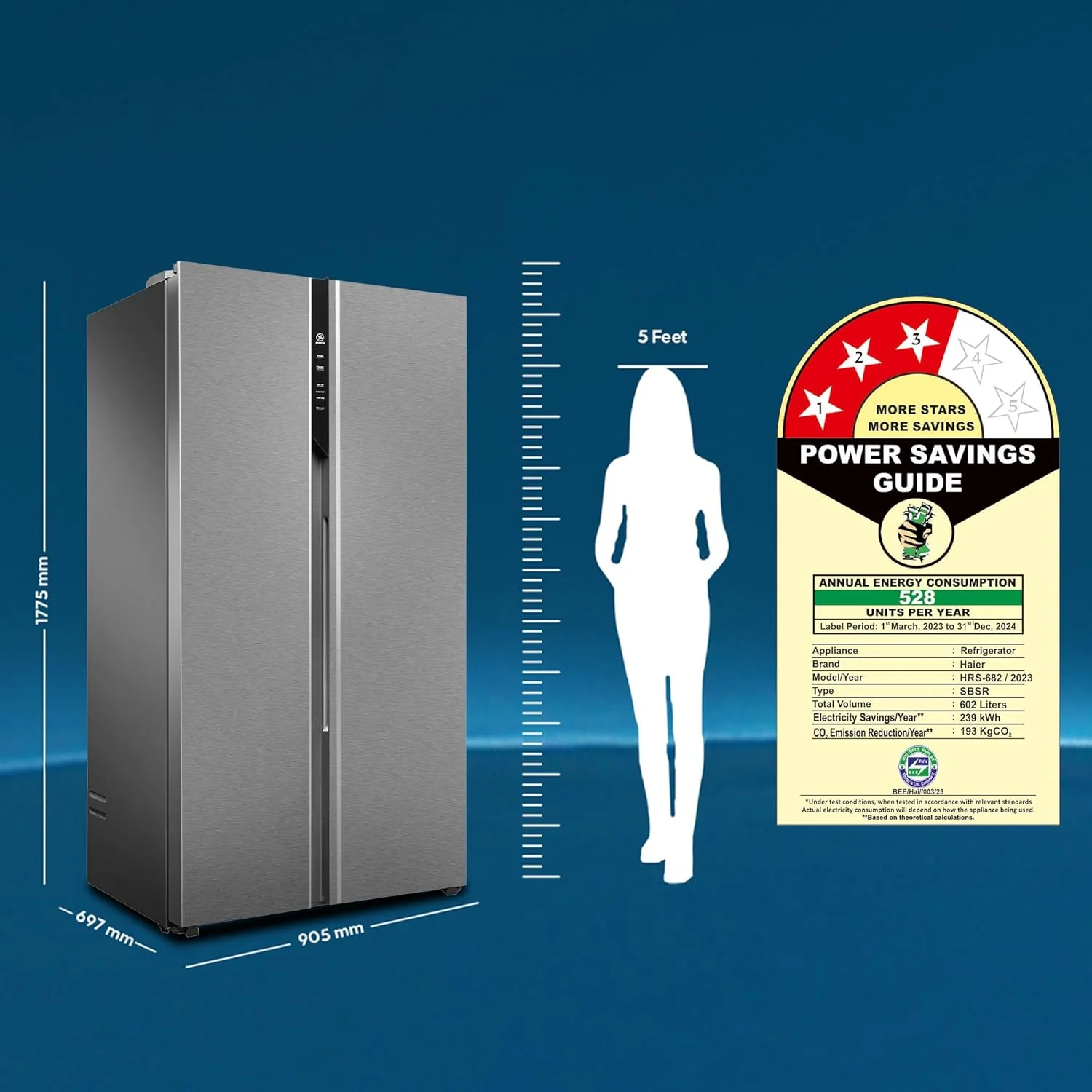 Haier 602L 3Star 2-Door Side by Side Frost Free Refrigerator|Convertible|Smart Sense AI | Expert Inverter|Digital Display Panel | Deo Fresh Technology (HRS-682SSU1, Shiny Silver) - Image 6