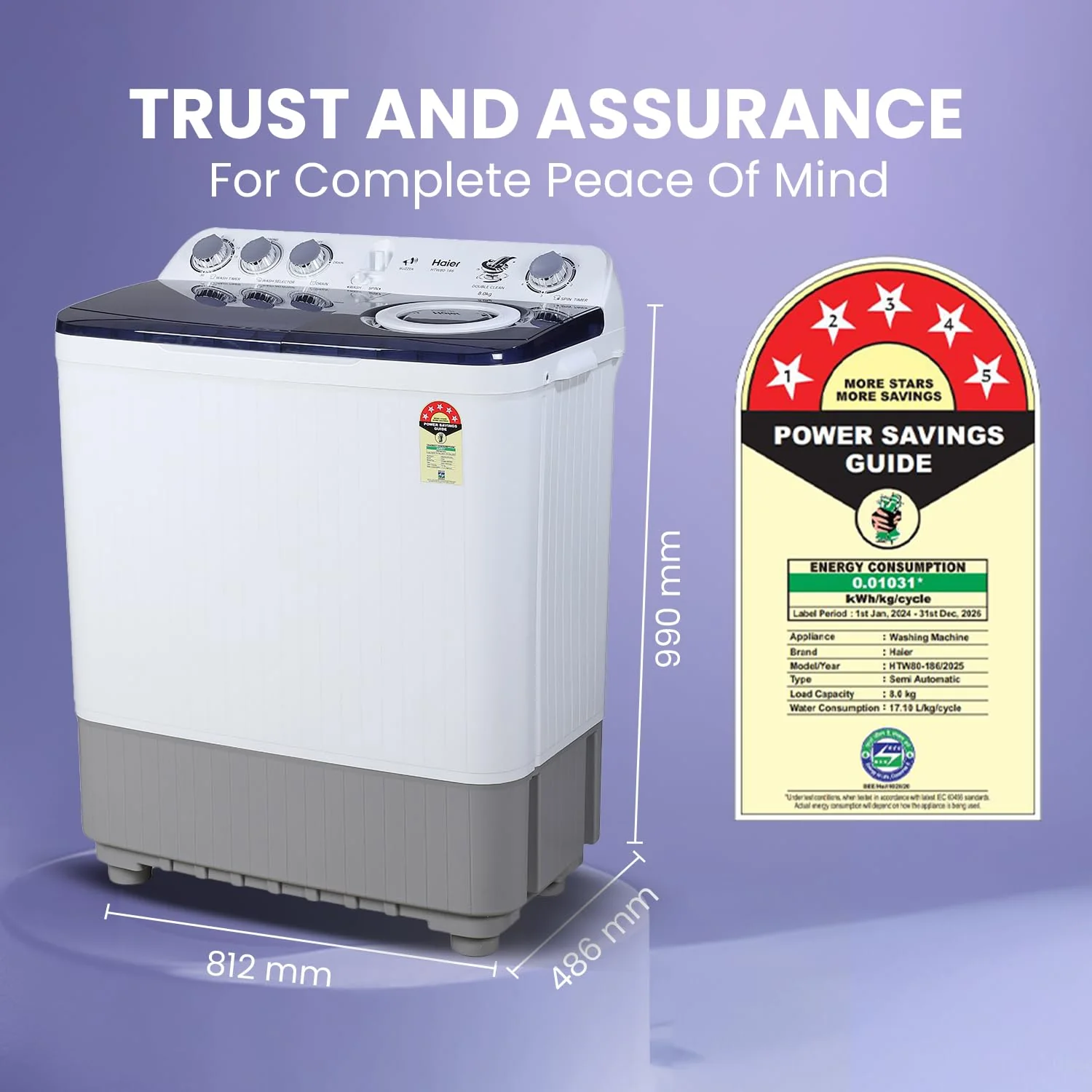 Haier 8 kg 5 Star Vortex pulsator Semi Automatic Top Load Washing Machine (HTW80-186) - Image 5