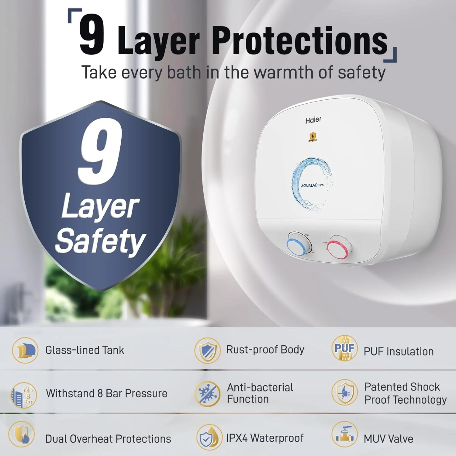 Haier Aqualad Pro Geyser 15 Litre 5 Star 1-3KW Adjustable Storage Water Geyser |Free Installation&Flexi Pipe| Warranty 10 Yr on Tank |Dual Control Knob |Shockproof Tech |Glassline Tank |9-Level Safety - Image 4