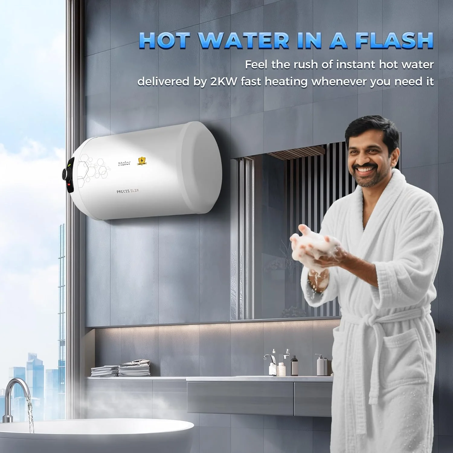Haier Precis Slim Horizontal Geyser 25 Ltr (Left)| Water Heater 25 litre with Pipe| Free Installation| Shock Proof| Saves electricity| Incoloy 800 Element| 7-Yr Tank 3-Yr Product Warranty - Image 2