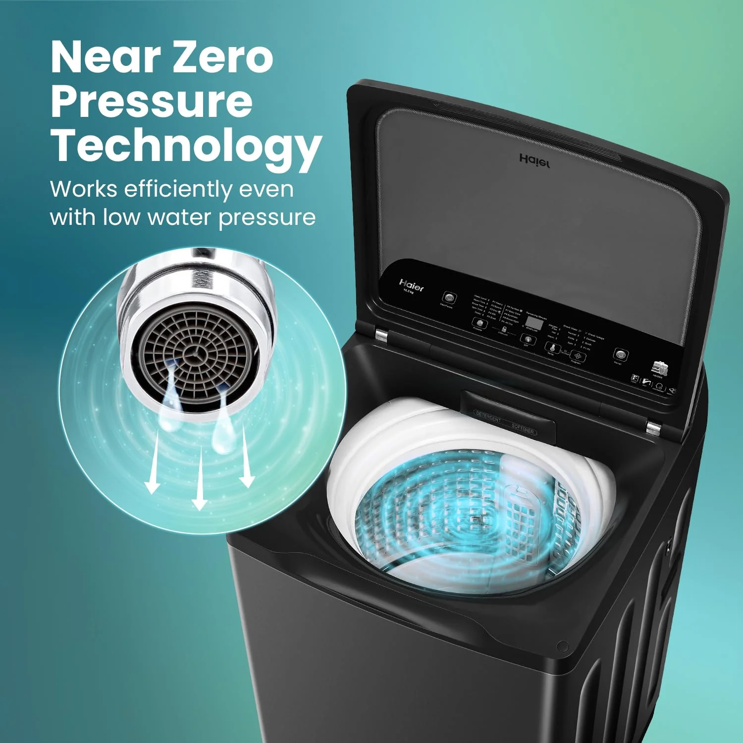 Haier SmartChoice 10.5 kg 5 Star Inbuilt Butterfly heater, Oceanus Wave Drum Washing Machine Fully Automatic Top Load (HWM105-H688BK,Black) - Image 3