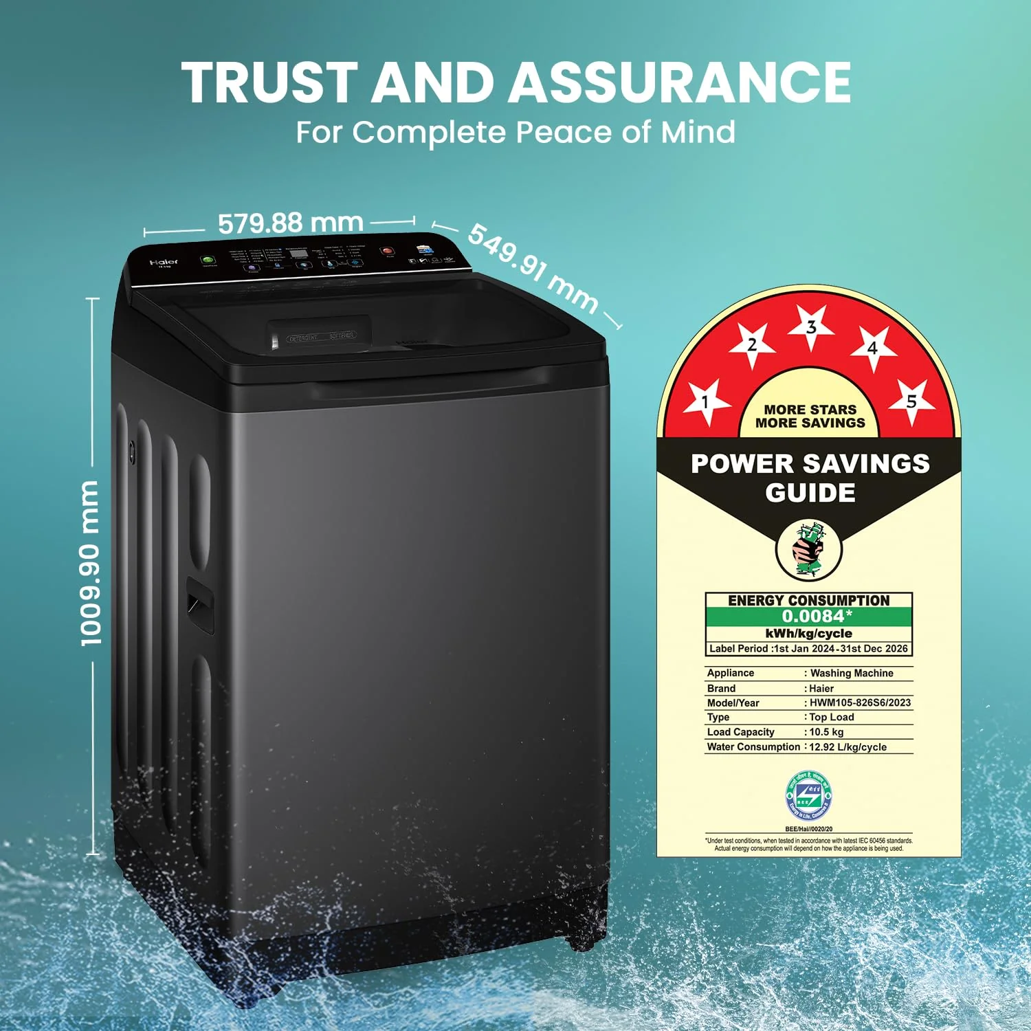 Haier SmartChoice 10.5 kg 5 Star Inbuilt Butterfly heater, Oceanus Wave Drum Washing Machine Fully Automatic Top Load (HWM105-H688BK,Black) - Image 4