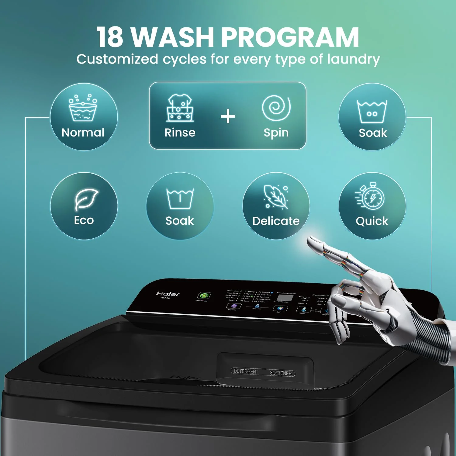 Haier SmartChoice 10.5 kg 5 Star Inbuilt Butterfly heater, Oceanus Wave Drum Washing Machine Fully Automatic Top Load (HWM105-H688BK,Black) - Image 6