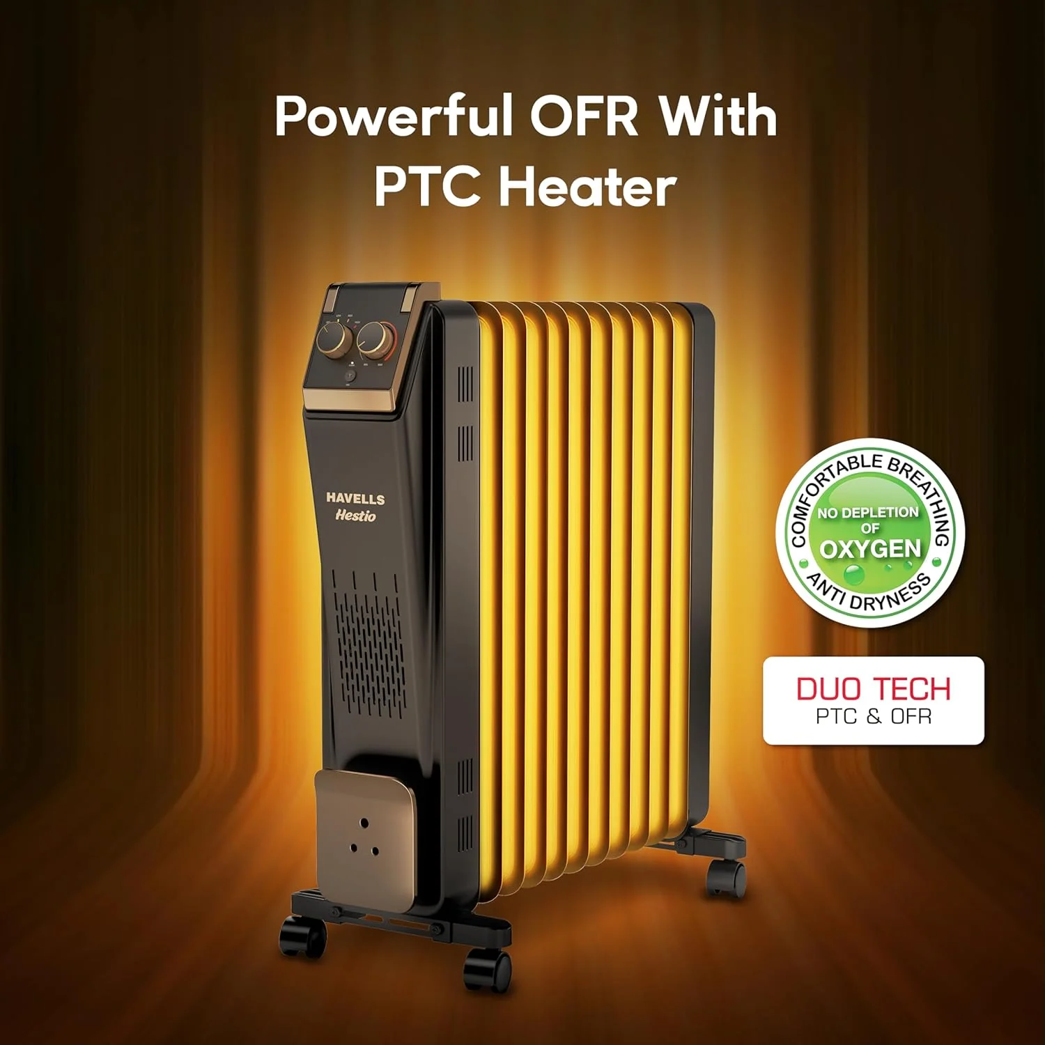 Havells 11 Fin Oil Filled Room Heater (OFR) | Advanced New U-Tech Fast Heating Fins with 10-Year Warranty | 2900W | ISI Approved | PTC Fan Heater | Inclined Control Panel | Black - Image 3
