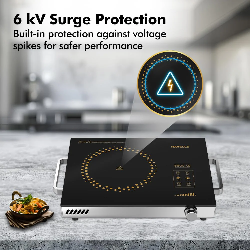Havells 2200 Watt Infrared Induction Cooktop Glo TV22-6KV Surge Protection, Sensor Touch,Universal Utansil Compatibility, SS304 Food grade grill - Image 3