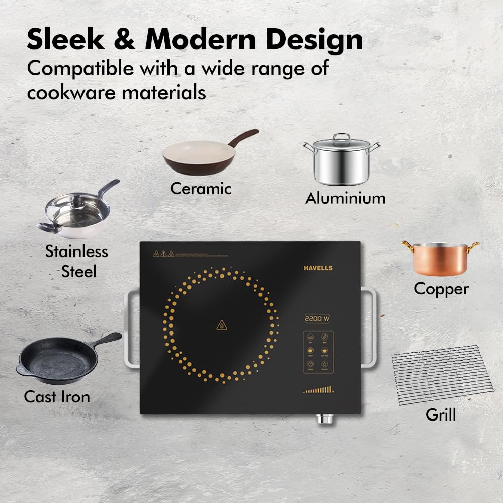 Havells 2200 Watt Infrared Induction Cooktop Glo TV22-6KV Surge Protection, Sensor Touch,Universal Utansil Compatibility, SS304 Food grade grill - Image 4