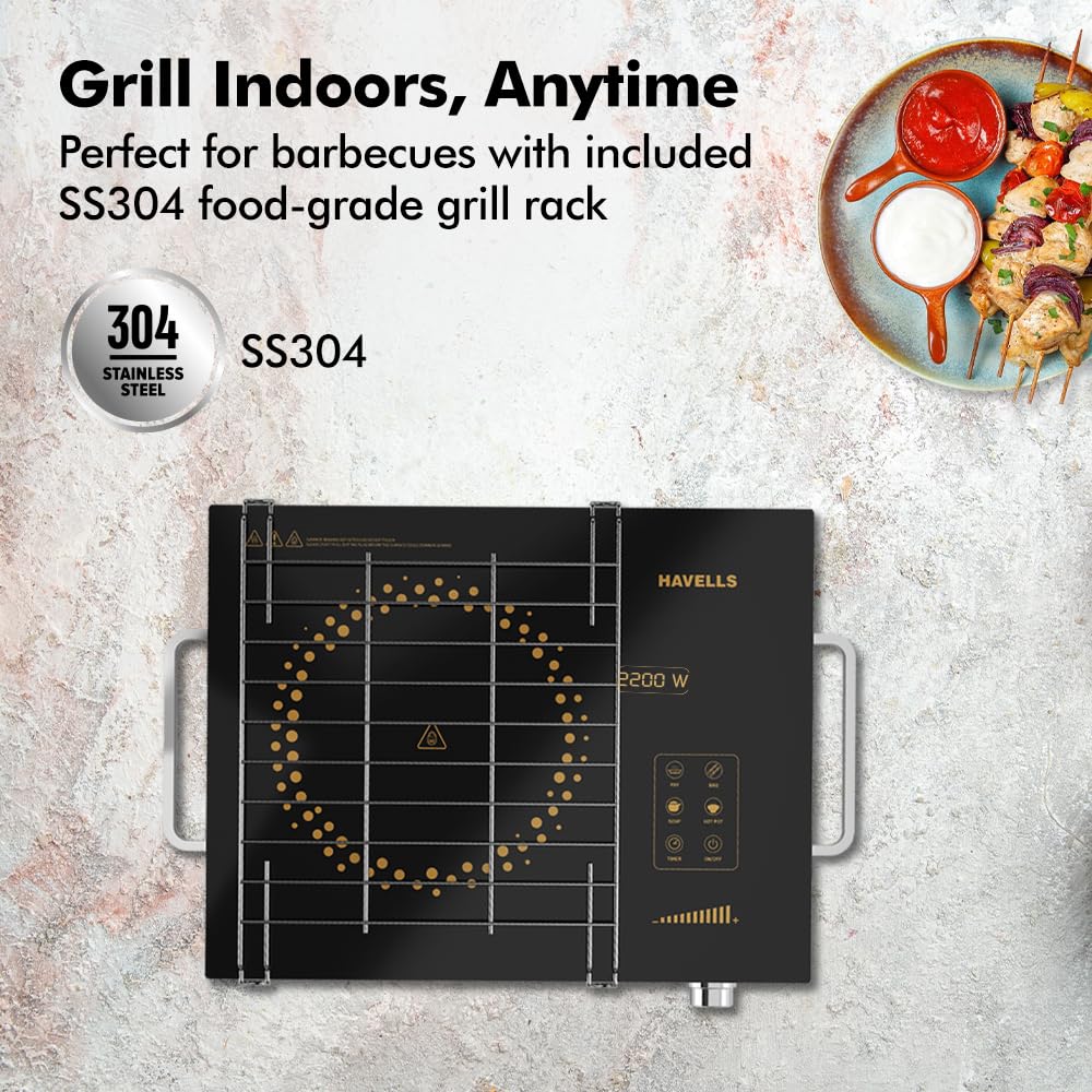 Havells 2200 Watt Infrared Induction Cooktop Glo TV22-6KV Surge Protection, Sensor Touch,Universal Utansil Compatibility, SS304 Food grade grill - Image 5
