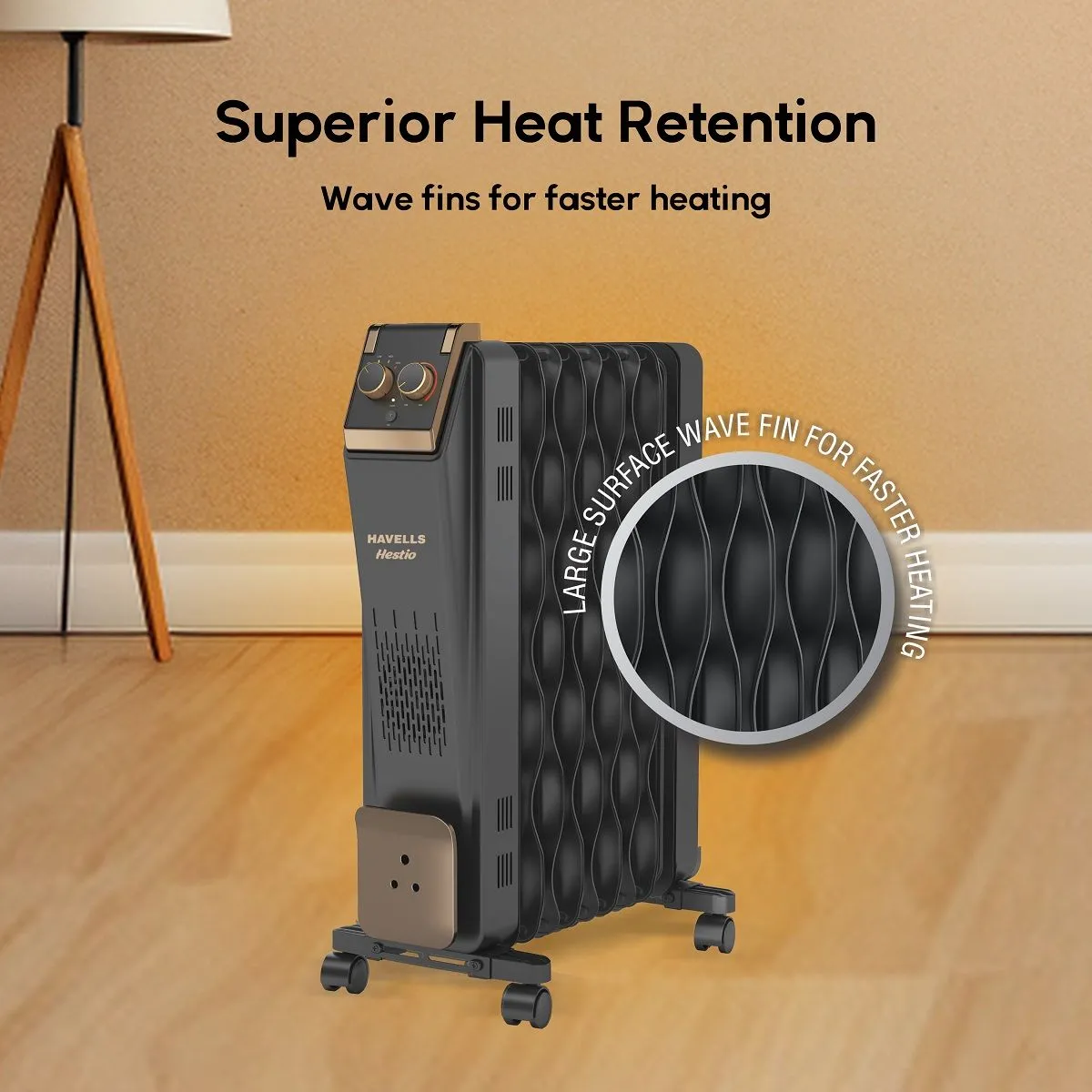 Havells 9 Fin Hestio Wave Fin OFR (Oil Filled Radiator)|Room Heater|2400 W|3 Heat Settings & PTC Fan Heater|Inclined Control Panel|Retractable Wheels| Comfortable Breathing|360° Heating (Black) - Image 8