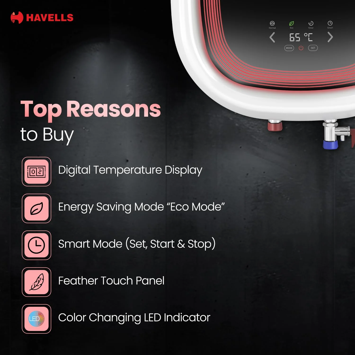 Havells Adonia Plus 25 Litre Storage Water Heater | Faster heating, Glass Coated Tank, Incoloy Glass Coated Heating Element | (Free Flexi Pipes, Installation, &amp; Shock Safe Plug) With Remote | (White) - Image 3