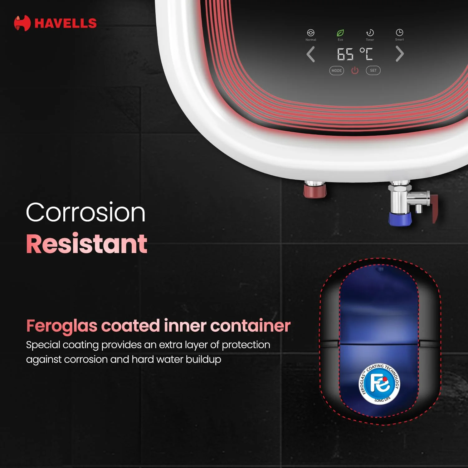 Havells Adonia Plus 25 Litre Storage Water Heater | Faster heating, Glass Coated Tank, Incoloy Glass Coated Heating Element | (Free Flexi Pipes, Installation, &amp; Shock Safe Plug) With Remote | (White) - Image 4