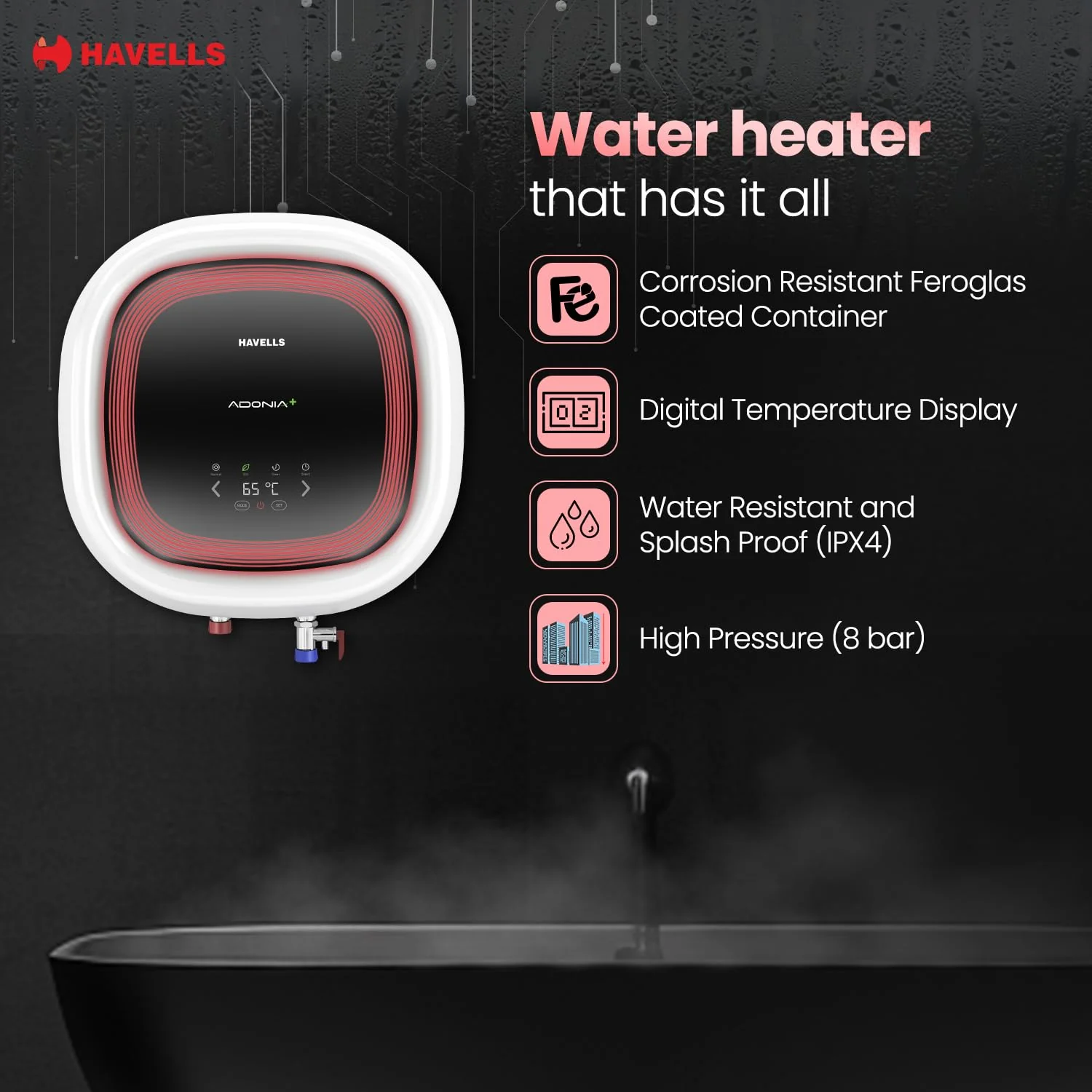 Havells Adonia Plus 25 Litre Storage Water Heater | Faster heating, Glass Coated Tank, Incoloy Glass Coated Heating Element | (Free Flexi Pipes, Installation, &amp; Shock Safe Plug) With Remote | (White) - Image 6